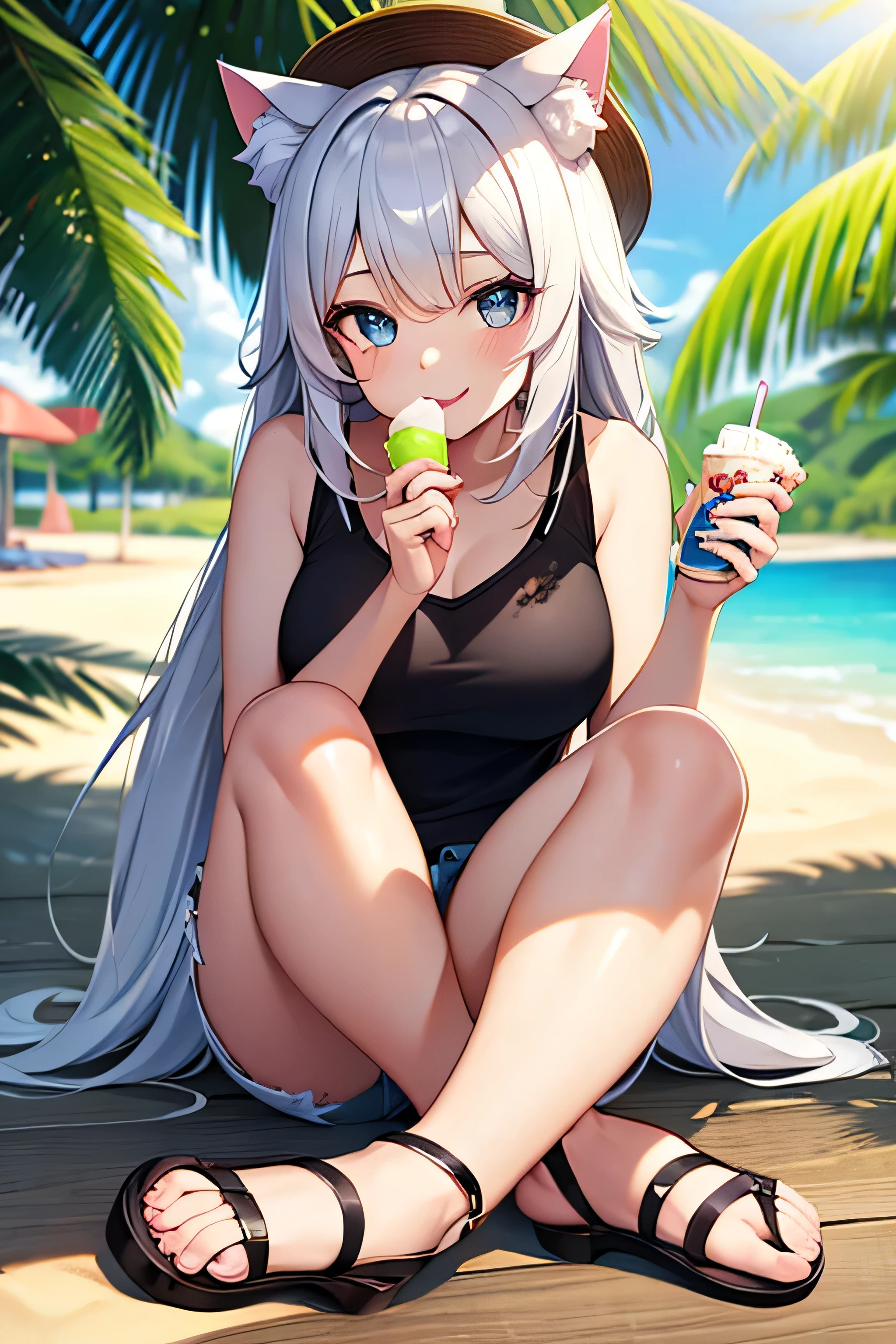cute anime-style girl with cat ears, wearing a stylish summer outfit, sleeveless top, short denim shorts, light fabric, pastel colors, straw hat with ribbon, sandals, bright and expressive eyes, fluffy and detailed cat ears, soft and shiny hair, playful and cheerful pose, warm sunlight, gentle breeze, beach or park background, holding an ice cream or a cold drink, delicate facial features, highly detailed, natural shading, youthful and energetic vibe, summer aesthetic.