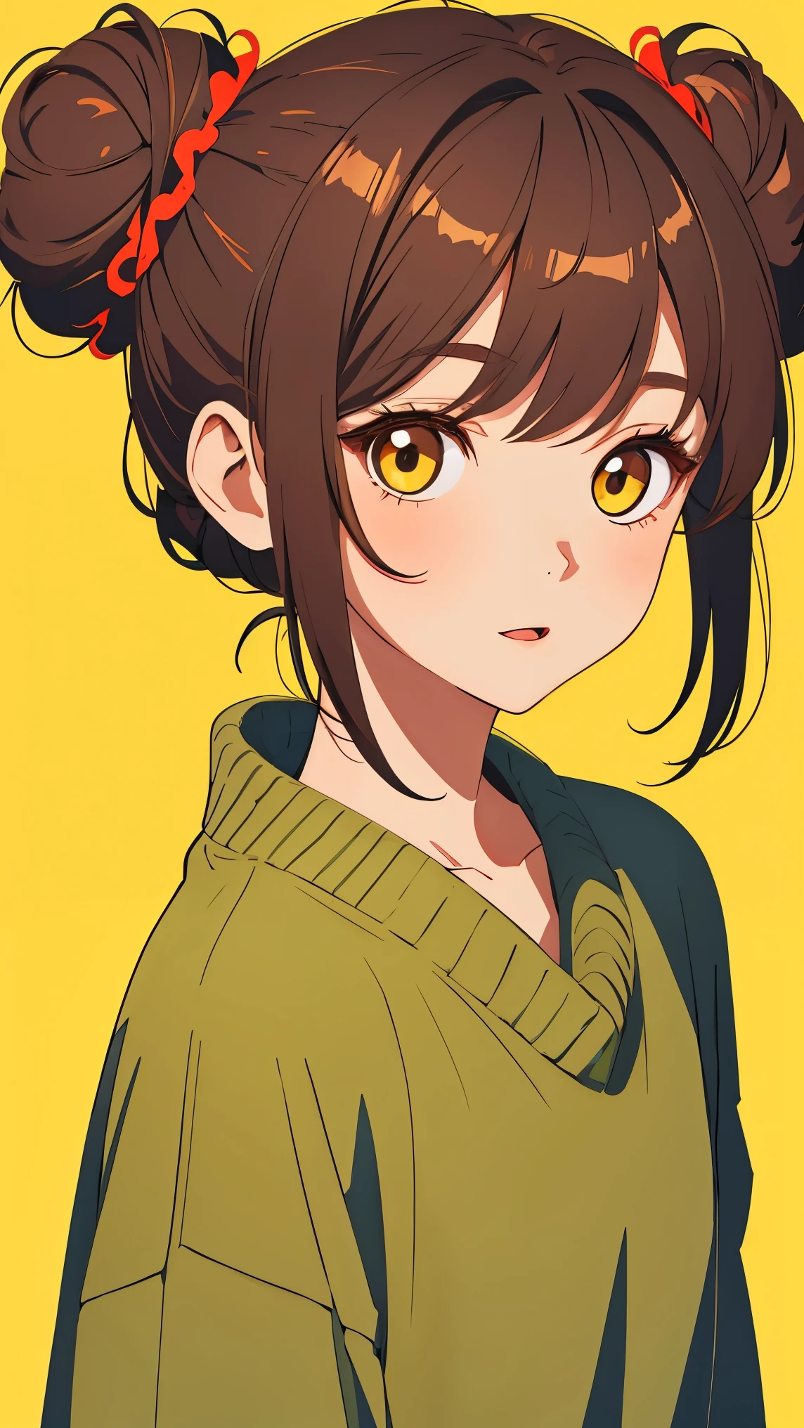 cartoonish character design, young korean girl, big eyes, cute expression, hairbuns, bright yellow loose sweater，portrait，interesting，clean lines，