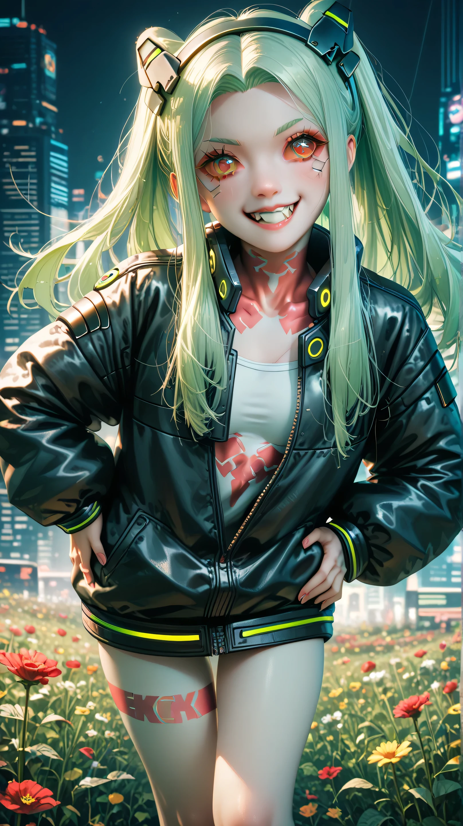 masterpiece, best quality, highres, 1girl, rebecca \(cyberpunk\), solo, twin tail, hairband, mechanical eye, colored sclera, red sclera, colored skin, white skin, leg tattoo, neck tattoo, green hair, long hair, small breasts, underwear, fang, red pupils, skin fang, red eyes, black jacket, hand on hip, flower field, leaning forward, evil grin,