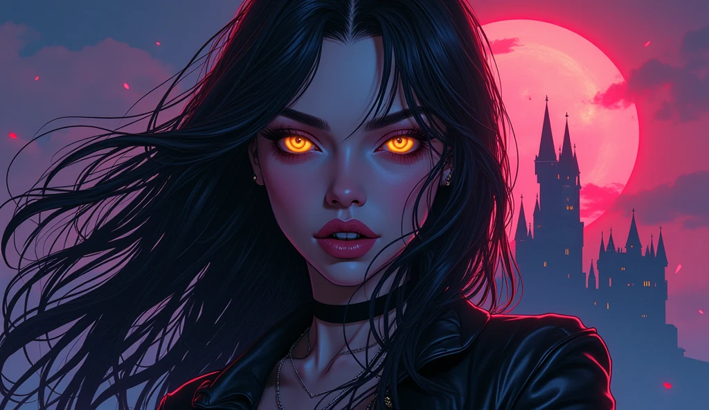 a picture of an exquisite beautiful female vampire standing under the starry night sky on the porch of her castle, dynamic angle (ultra detailed, Masterpiece, best quality), ultra detailed face (ultra detailed, Masterpiece, best quality), ultra feminine, dark skin, black  hair, wavy hair, dynamic eyes color, cold eyes, glowing eyes, intense eyes, dark red lips, (fangs:1.3), wearing white dress, elegant style dress (ultra detailed, Masterpiece, best quality), wearing blue cloak (ultra detailed, Masterpiece, best quality), long cloak, flowing cloak (ultra detailed, Masterpiece, best quality), wearing high heeled boots, sky full of stars background, moon, bats flying about, high details, best quality, 8k, [ultra detailed], masterpiece, best quality, (ultra detailed), full body, ultra wide shot, photorealism, dark fantasy art, dark fantasy art, gothic art, many stars, dark fantasy art, gothic art, sense of dread,