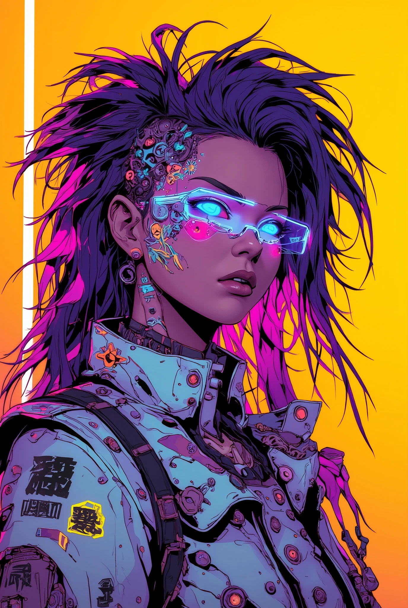 ((manga art style cowboy shot) of (perfect Asian cyberpunk girl))), ((dynamic pose)), ((LED lights)), (((extremely weird punk hairstyle))), ((manga drawing)), warm colours, ((cinematic lighting)), perfect features, abstract beauty, near perfection, pure form, concept art, intricate detail, 8k post-production, High resolution, super Detail, trending on ArtStation, sharp focus, studio photos.
