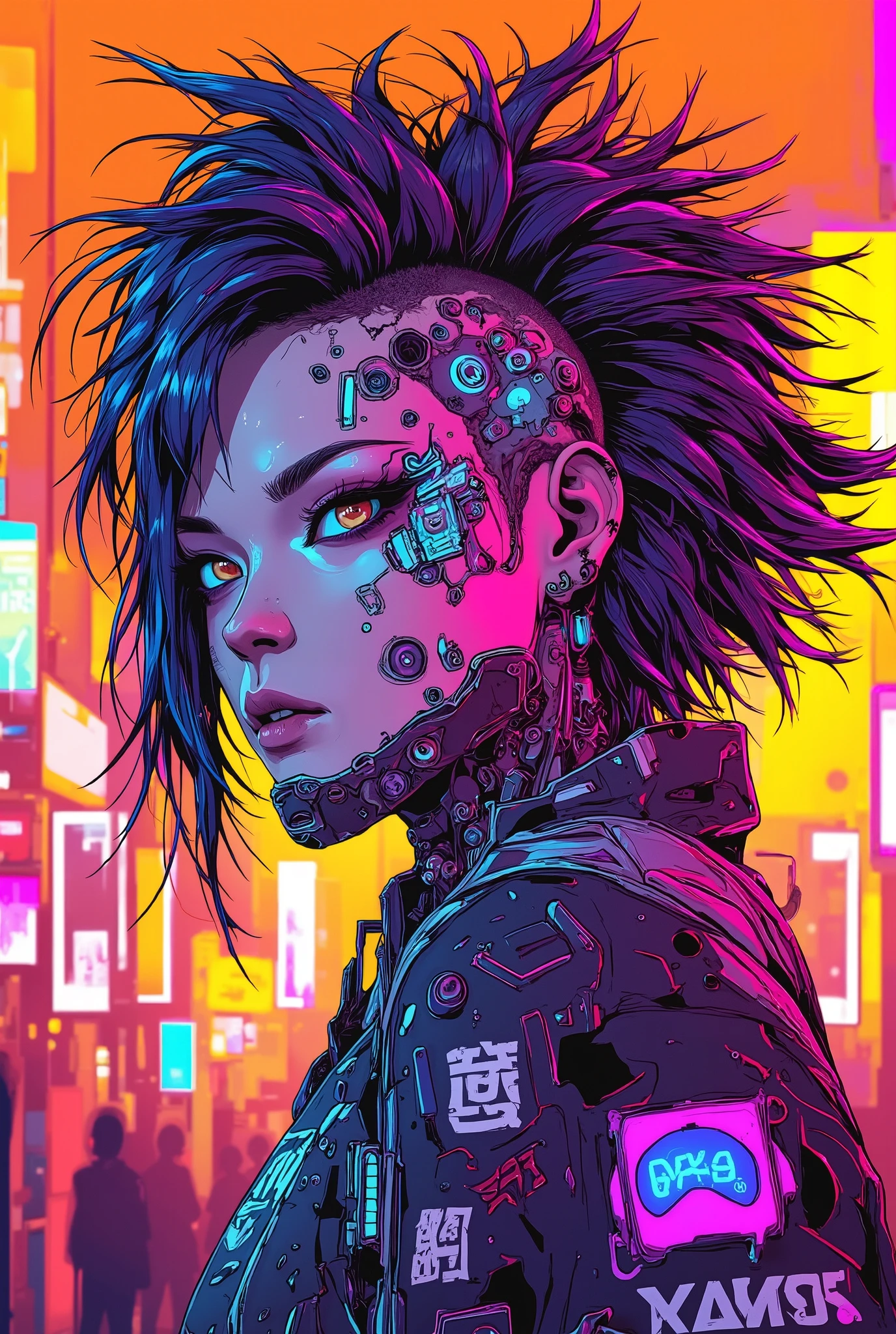 ((manga art style cowboy shot) of (perfect Asian cyberpunk girl))), ((dynamic pose)), ((LED lights)), (((extremely weird punk hairstyle))), ((manga drawing)), warm colours,  ((cinematic lighting)), perfect features, abstract beauty, near perfection, pure form, concept art, intricate detail, 8k post-production, High resolution, super Detail, trending on ArtStation, sharp focus, studio photos.