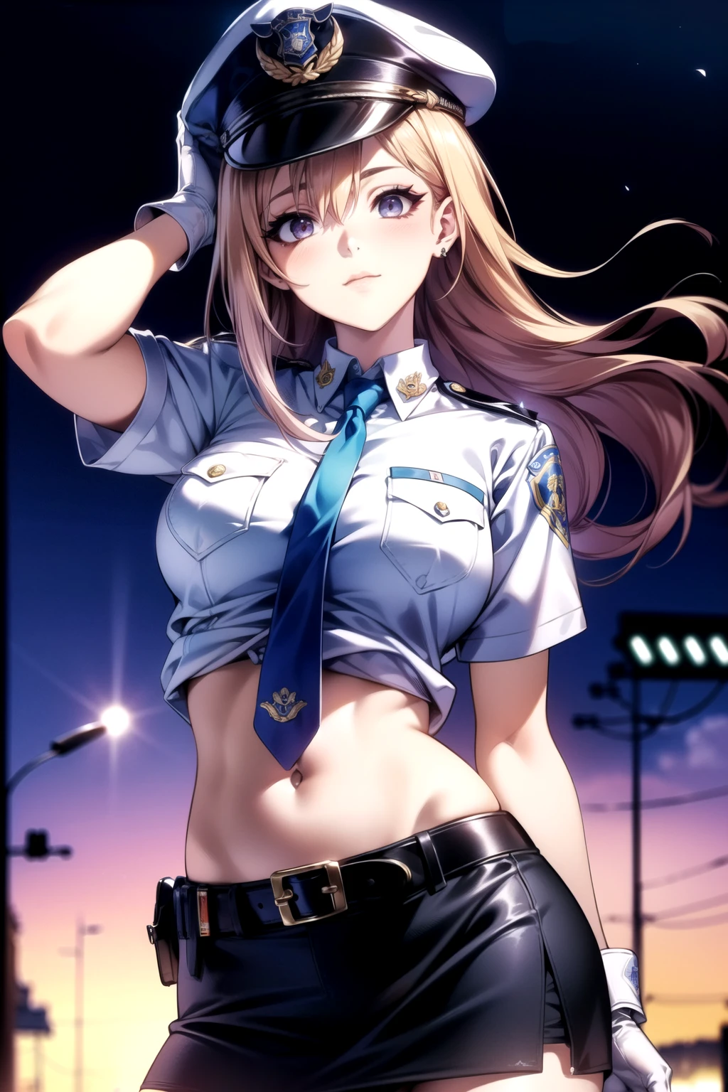 ((((( dynamic images)))、((Impactful images))、((( face best quality)))、masterpiece、 high resolution、8k highest quality、 realistic details 、female 1 person、 long dark hair、 silky hair、Brown piercing eyes、 charming eyes、Police Officer、Police Officerの制服を着用、日本の女性Police Officerの制服、light blue short shirt 、 lower breasts visible 、 belly button sticking out of the butt、Navy blue tie、 low rise mini skirt、belt、white gloves、 police hat、handcuffs