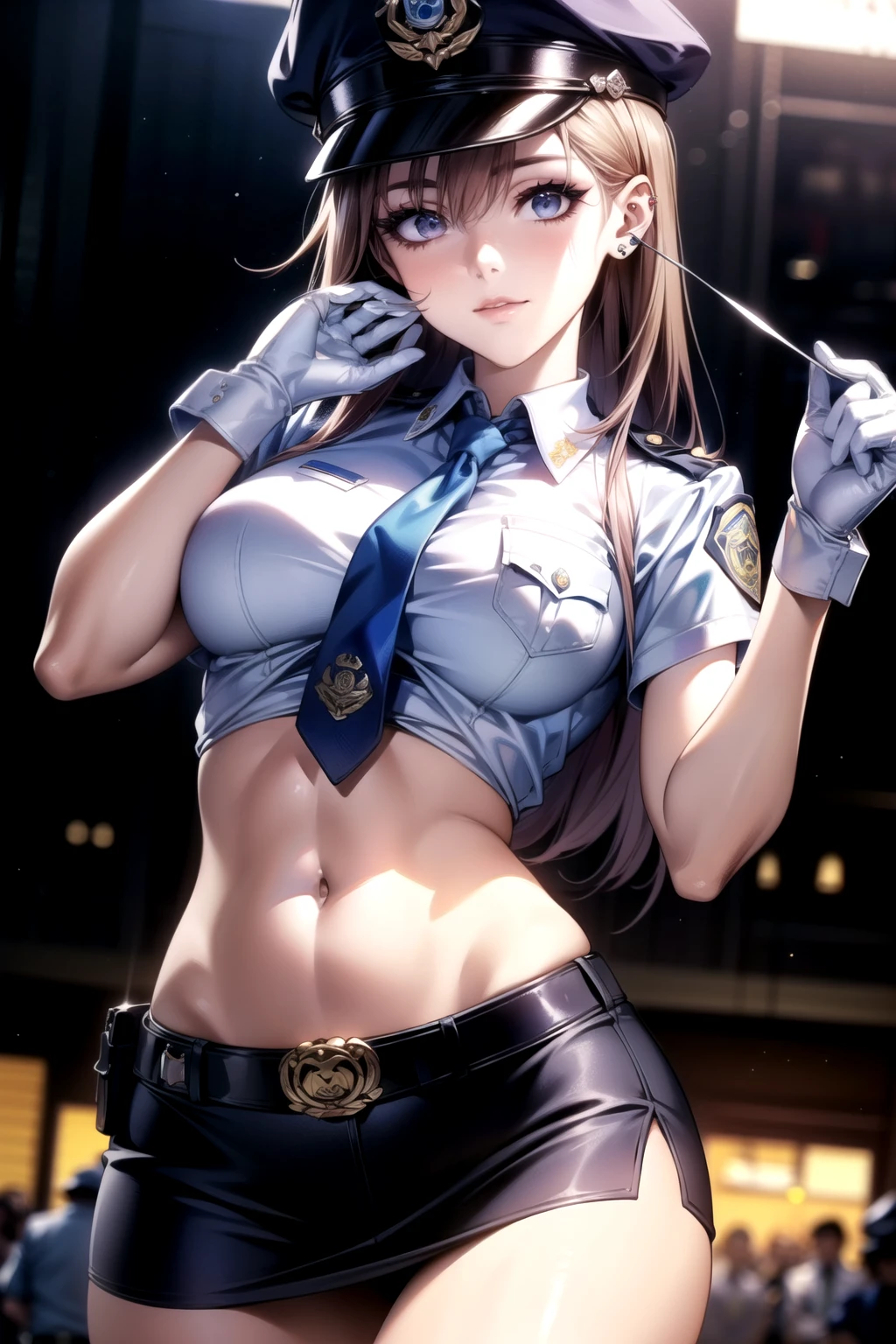 ((((( dynamic images)))、((Impactful images))、((( face best quality)))、masterpiece、 high resolution、8k highest quality、 realistic details 、female 1 person、 long dark hair、 silky hair、Brown piercing eyes、 charming eyes、Police Officer、Police Officerの制服を着用、日本の女性Police Officerの制服、light blue short shirt 、 lower breasts visible 、 belly button sticking out of the butt、Navy blue tie、 low rise mini skirt、belt、white gloves、 police hat、handcuffs