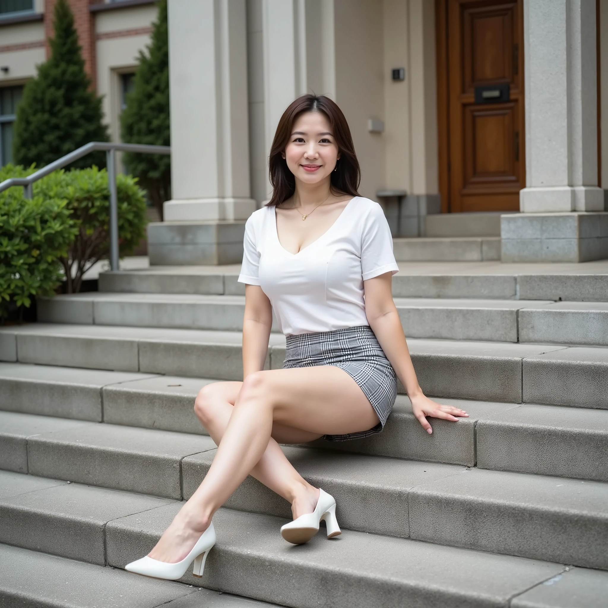 Sitting on the steps of a college campus 、 big breasted 、 This is a realistic picture of a long-legged woman wearing a short-sleeved blouse and plaid skirt.、 taking a picture of her whole body in white high heels