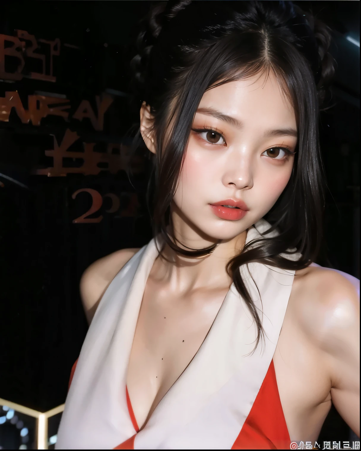 1girl, Stunningly Beautiful Girl, Haute_Couture, designer dress, wearing Haute_Couture, posing for a picture, fashion show, Long shaped face, angry, crazy, dark red eyes, Sandy Blonde side-swept hair, short hair, long ringlets, catwalk \(walkway\),  , colorful, vivid colors, masterpiece, best quality, absurdres, highest quality, amazing details, 8k, aesthetic