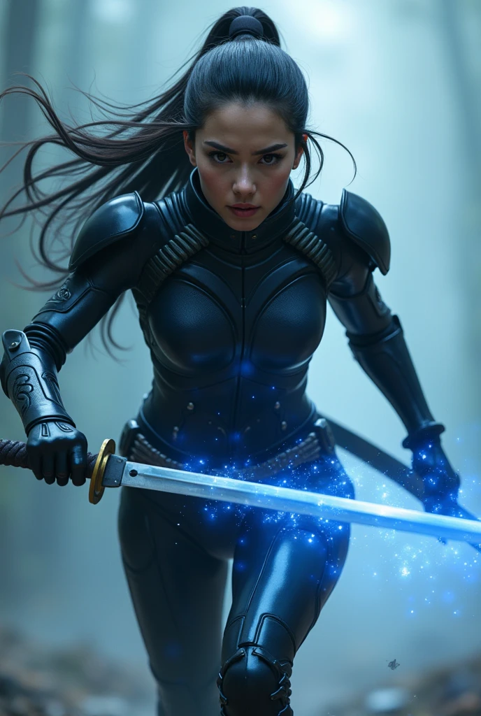 a half-human, half-mechatronic samurai android, with a large technological katana in the colors of lightning, she launches a destructive attack, cyberrealistic style, technological atmosphere, modern day warrior,  ((Superior quality)), ((masterpiece))