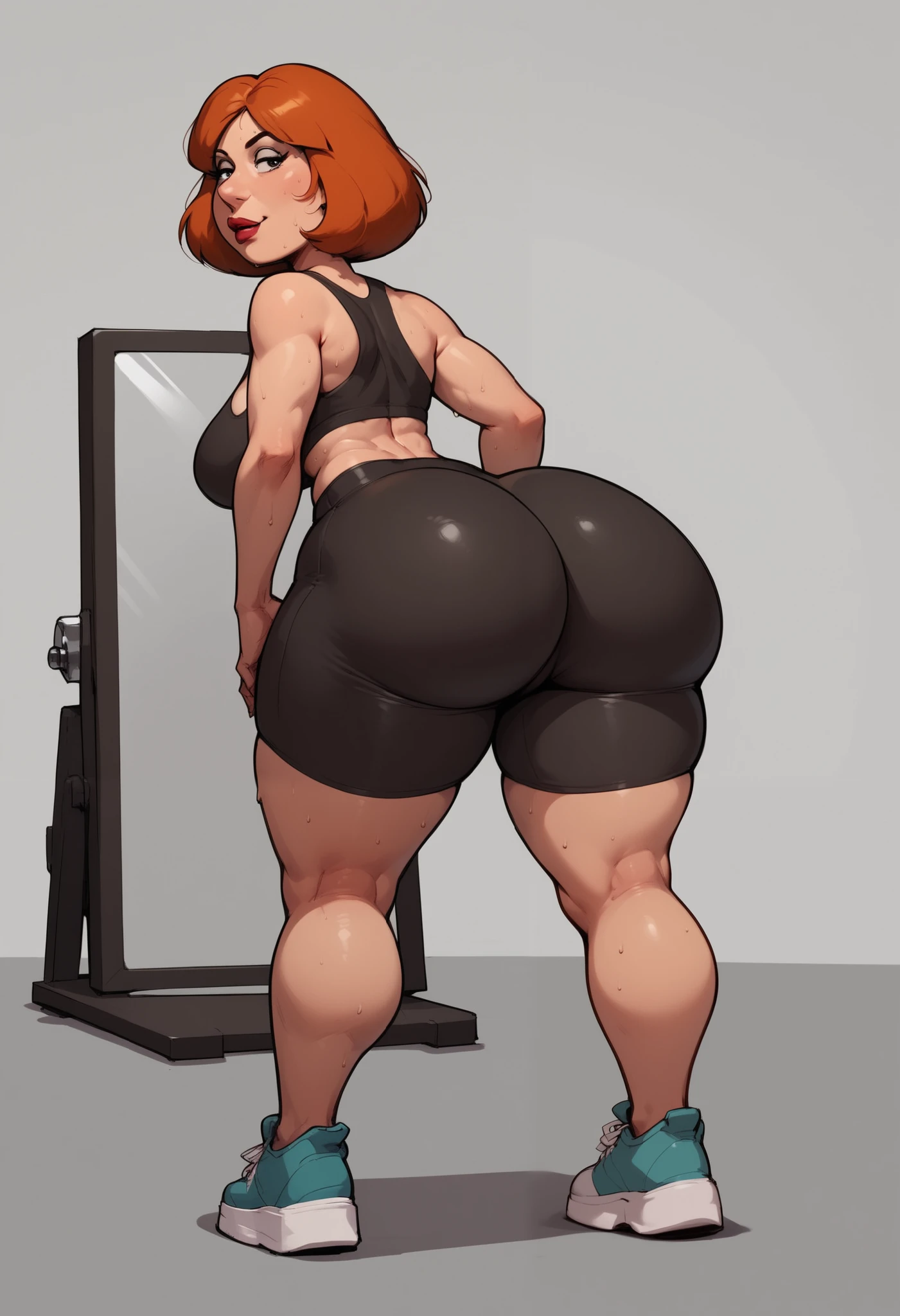 1girl,(((massive thighs))),(((fat thighs))), (((flabby thighs))) (((wide hips))), (((plump))), curvy, (((thick))), (((pawg))), short, narrow shoulders, small arms, small head, ((bottom heavy)), (((small upper half of body))), (((giant lower half of body))), stripper, redhead, chubby midriff,, tight fishnets, fat burst out of her extreme tight clothes, showing off (fat), flabby belly hang , bed, ((tight Crop Top)), , knee folds, ( ), ((obese, ssbbw, huge, enormous, morbidly obese,)), pole dancing, pole bending towards her, (((pole in front of her))), (((legs wrapped around pole)))