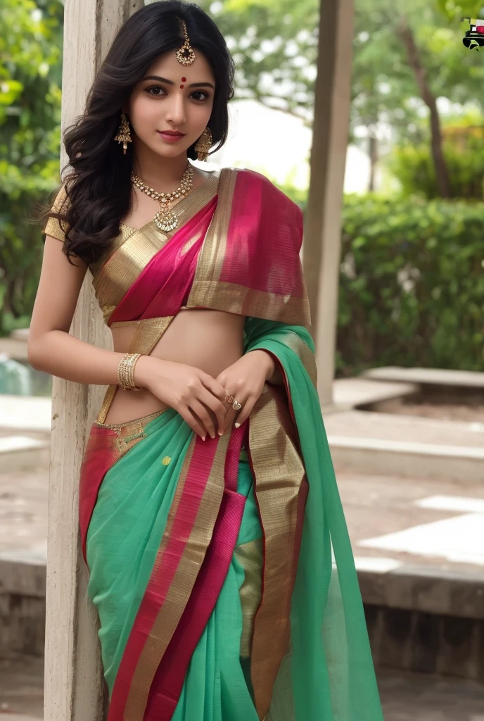 wear green designer printed Saree and blouse, a bindi on the center of the forehead, green saree and green blouse, extra big chest, 36D, Indian temples in background, flower basket, very well dressed, going to temple for prayers, golden heavy jewellery, very beautiful 25 year old indian girl, full body photo, mehendi in hands, random hair style, holding Puja plate with Puja items for lord Shiva, lord Shiva temple in background, jewelry, gem, necklace, necklace set, tika, vermilion, nathiya, ear rings, mangalsutra, golden haar, gold bracelet, anklets, thick lips, holding flower basket for Puja in hand, skindentation, parted lips, full body photo from front, beautiful face, beautiful body, (detailed eyes), ulzzang-6500-v1.1, thick eyelashes, long eyelashes, random hair style, broad light, backlighting, bloom, light sparkles, chromatic aberration, sharp focus, Nikon Z 85mm, unparalleled masterpiece, ultra-realistic 8k photos, best quality masterpiece, best quality,