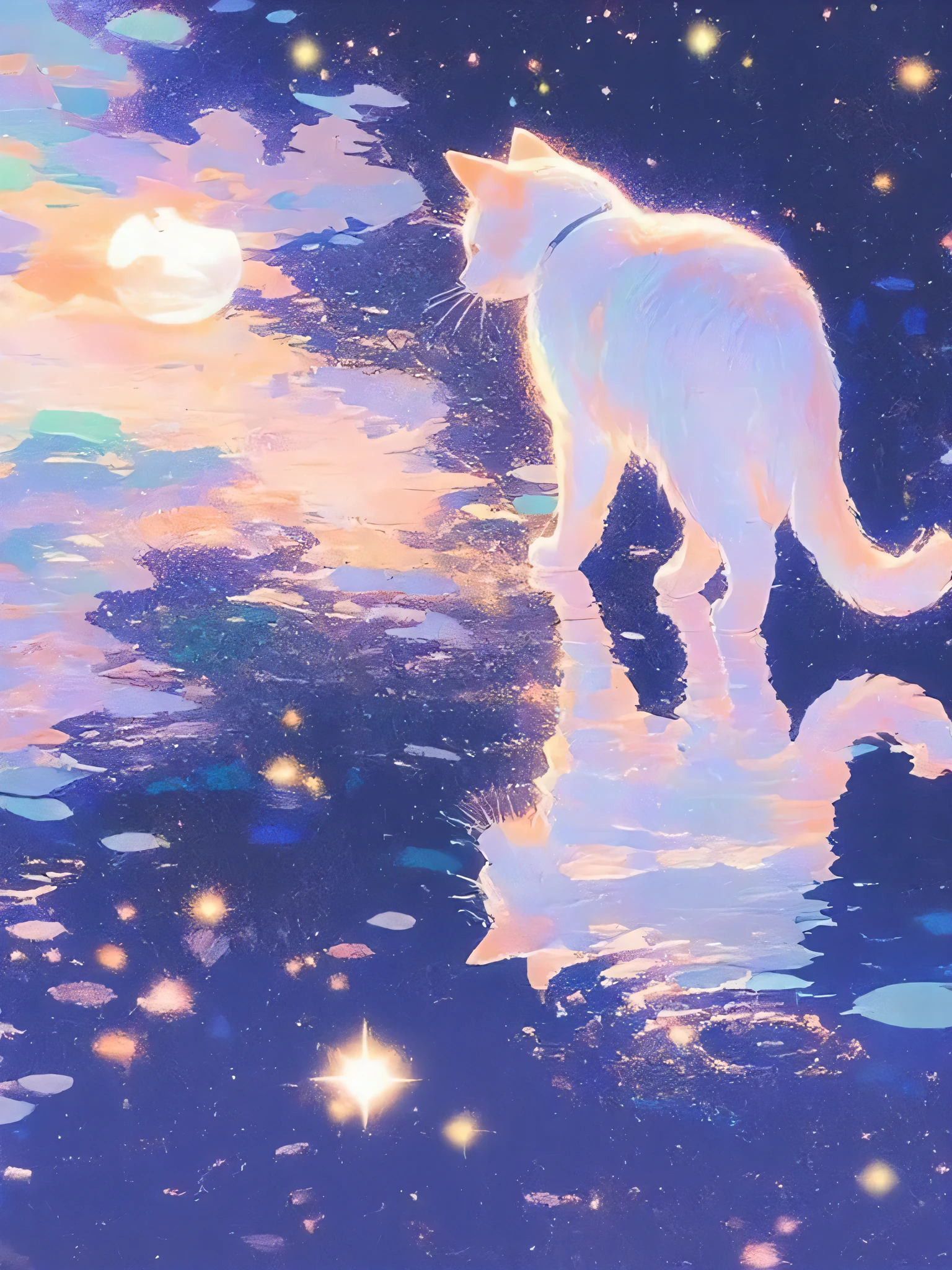 This is a picture full of dreamy colors. In the picture, a white cat with a collar is standing on the glowing water, looking intently into the distance. The sky is covered with twinkling stars, a bright moon casts a soft light, reflecting on the water, forming a colorful reflection, colorful, blue, pink, yellow, etc., creating a quiet and fantastic atmosphere, as if to bring the viewer into a fairy tale world, giving people a good reverie.