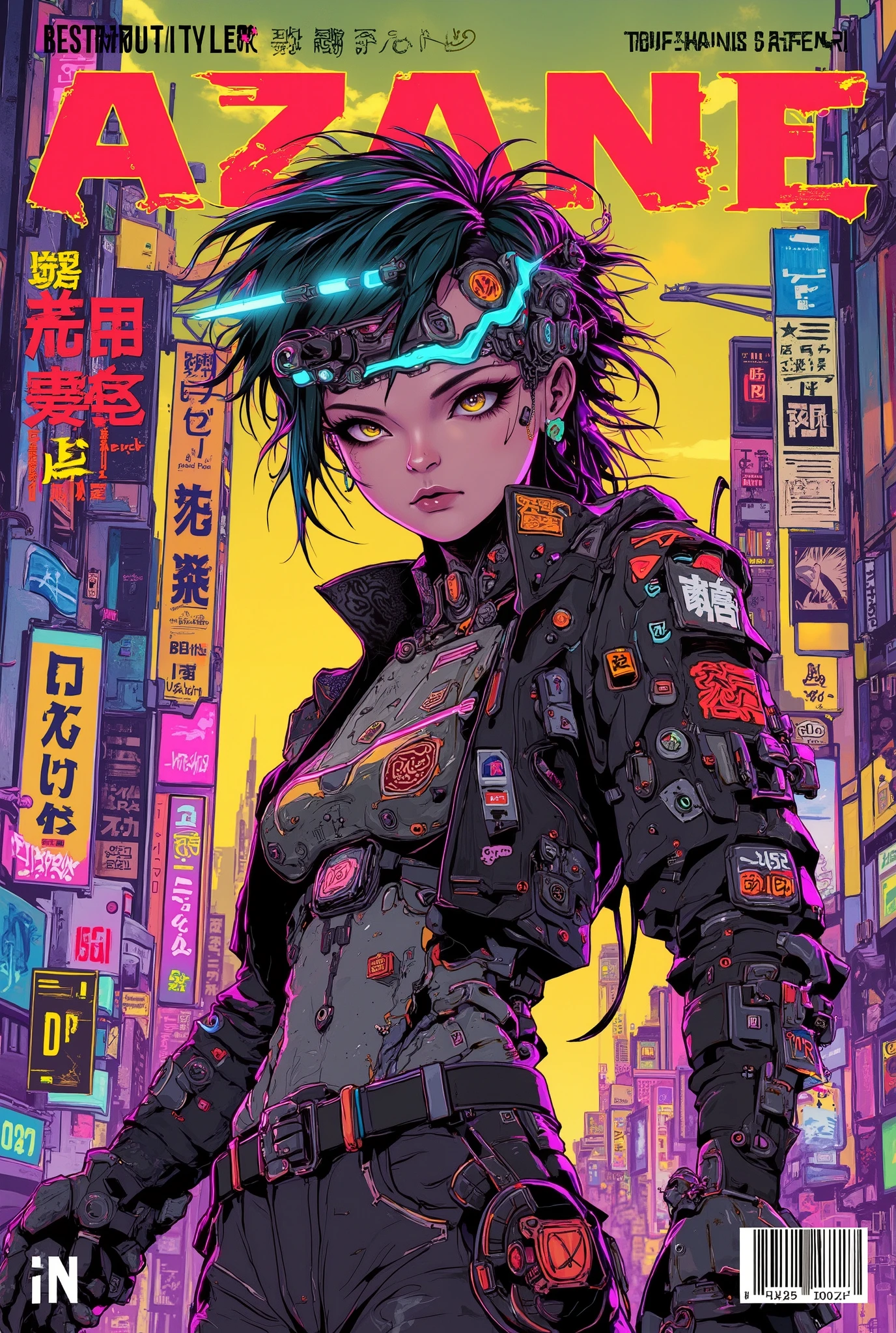 ((manga magazine cover cowboy shot) of (perfect Asian cyberpunk girl))), ((Japanese text banner headline)), ((dynamic pose)), ((LED lights)), (((extremely weird punk hairstyle))), ((manga drawing)), warm colours, ((cinematic lighting)), barcode.