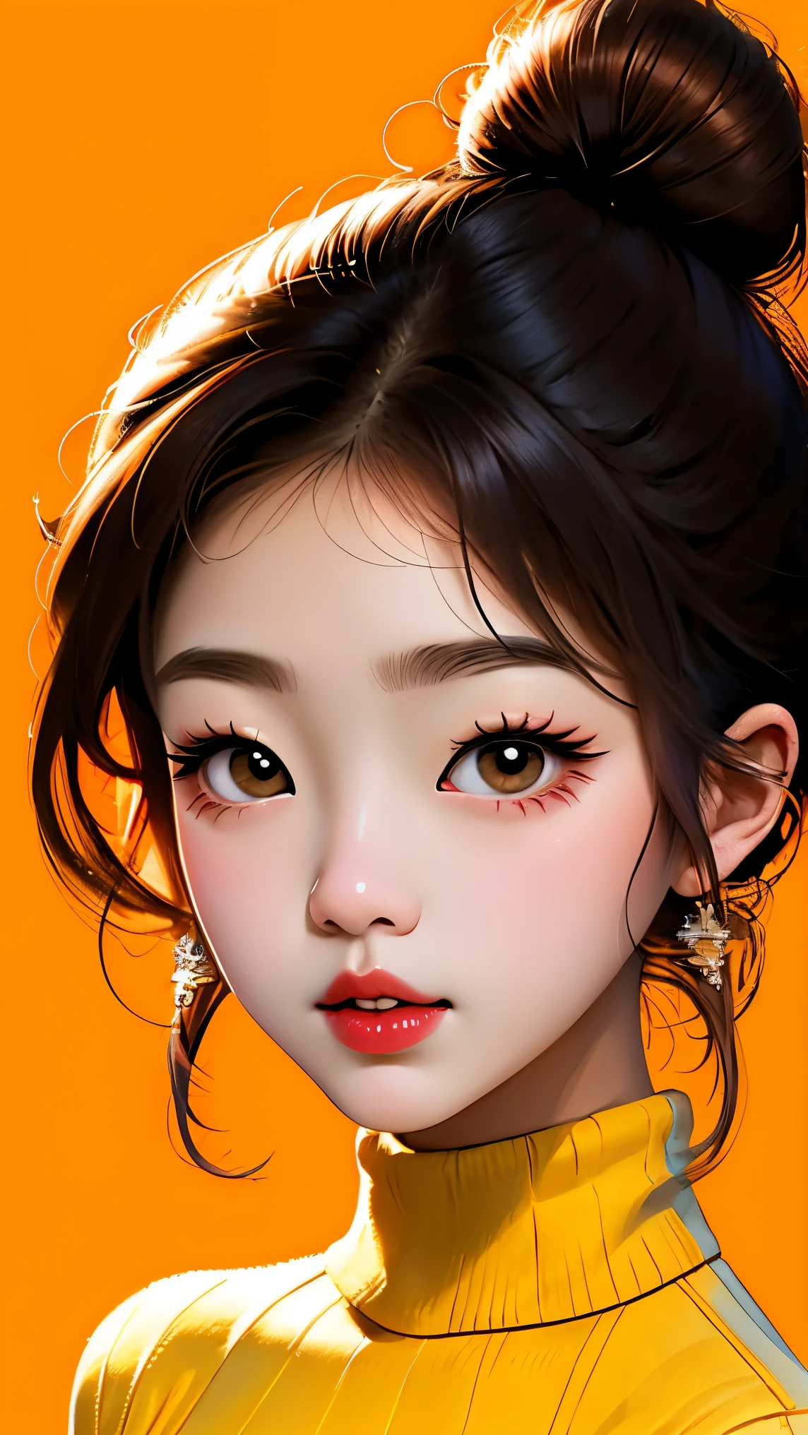 cartoonish character design, young korean girl, big eyes, cute expression, hairbuns, bright yellow sweater,plunging neckline, big breasts, cleavage, portrait,interesting,clean lines,