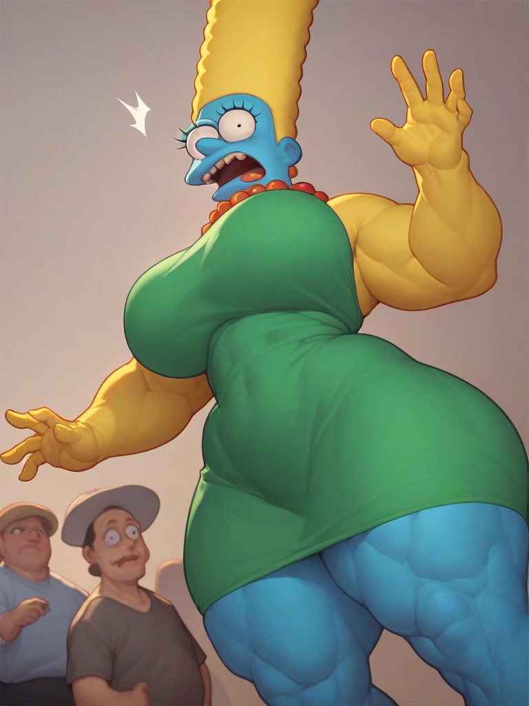 margue simpson, huge tits con enormes muslos anchos, huge tits, surprised expression, mirada a huge tits, short green dress, blue fur, yellow skin, big thighs, hands holding giant tits
