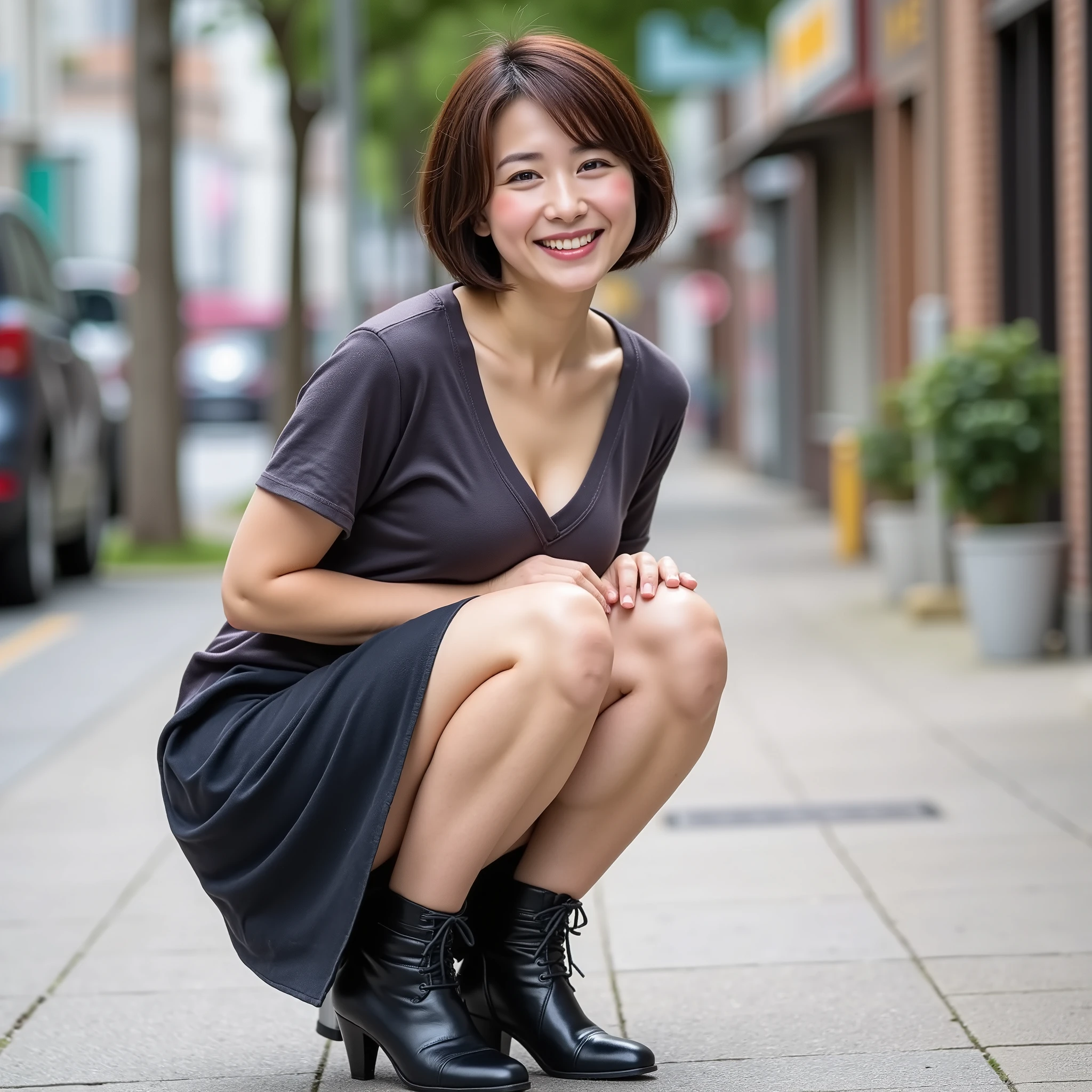 Top quality, 1 beautiful woman, super short Hair, shy-smile, Crouching