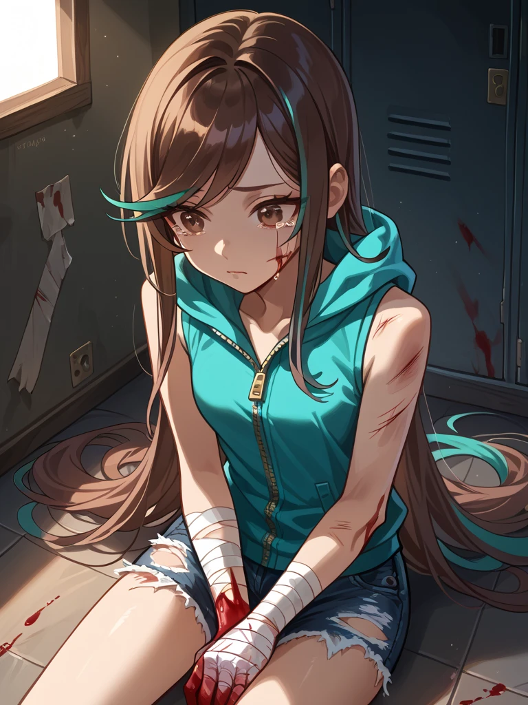 (Masterpiece, best quality), intricate details, JK, highly detailed, intricate details, solo, crying girl, ((brown eyes, brown hair, very long hair, hair with teal highlights, long swept bangs)), ((sleeveless teal zipped hoodie, ripped jean shorts)), (((long swept bangs))), ((blood on face, blood on hands, bruises, cuts, tattered clothes)), sitting on floor, dirty lockeroom, indoors, flickering light, dim lighting, wiping away tears with back of hand, sad, from above, thin, close up, small breasts, slightly toned arms, dark background, upset, shaken, ((bandaged hands)),