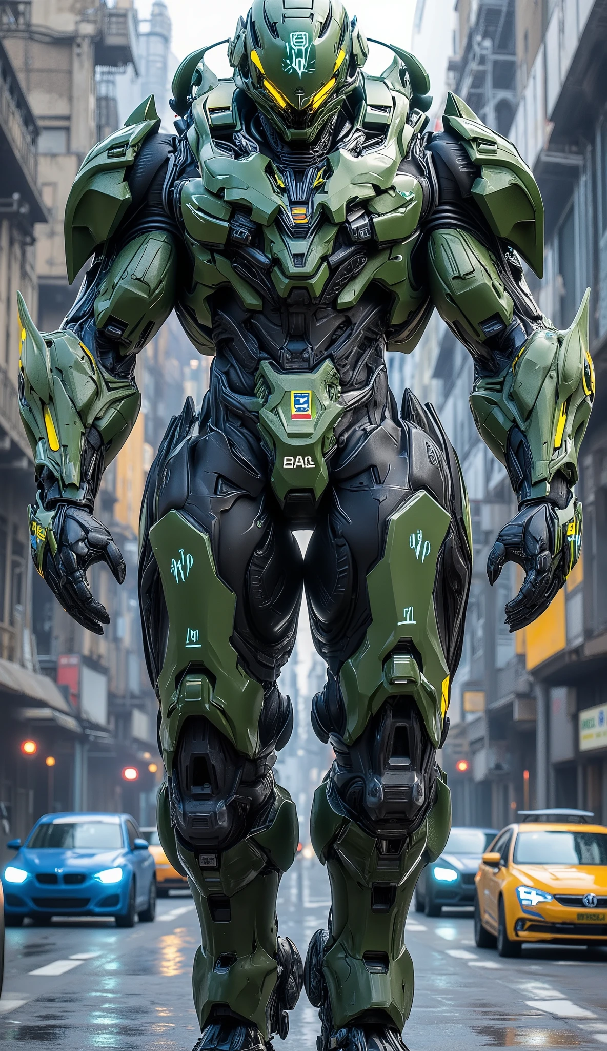 a giant robot, 3 meters tall, with futuristic military green cyborg armor, with carbon details, with yellow and blue neons, a Brazilian flag emblem, futuristic military armor, realistic details, walking in a futuristic city patrolling, vision full body, busy street, futuristic cars, year 2100,