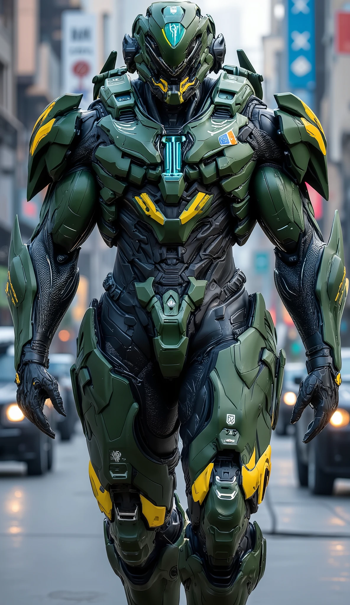 a man, in futuristic military green cyborg armor, with carbon details, with yellow and blue neons, a Brazilian flag emblem, futuristic military armor, realistic details, walking in a futuristic city patrolling, full body view, busy street, futuristic cars, year 2100,
