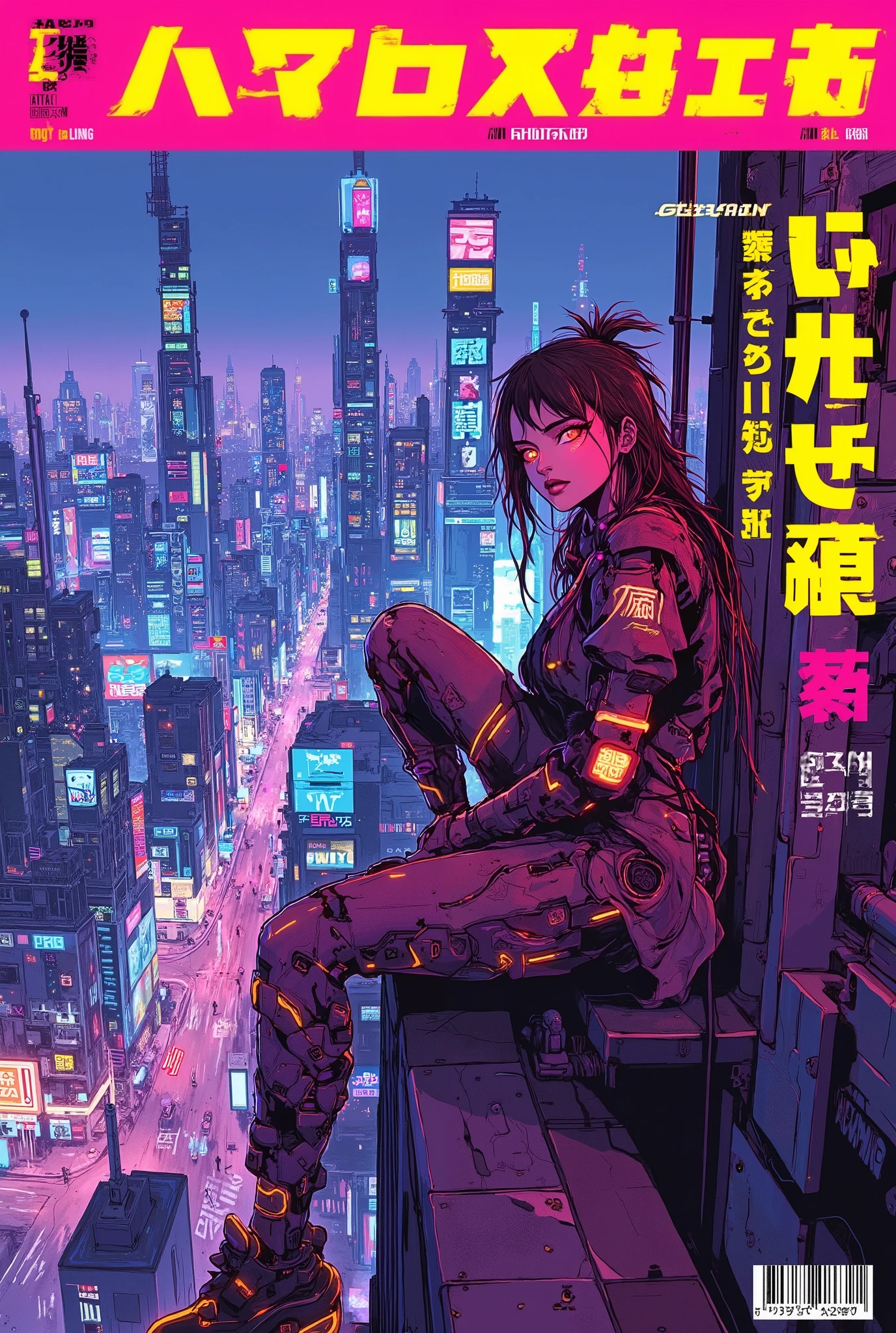 ((manga magazine cover shot) of (perfect Asian cyberpunk girl sitting on edge of building looking out at cyberpunk city below))), ((Japanese text banner headline)), ((dynamic pose)), ((LED lights)), (((extremely weird punk hairstyle))), ((manga drawing)), warm colours, ((cinematic lighting)), barcode.