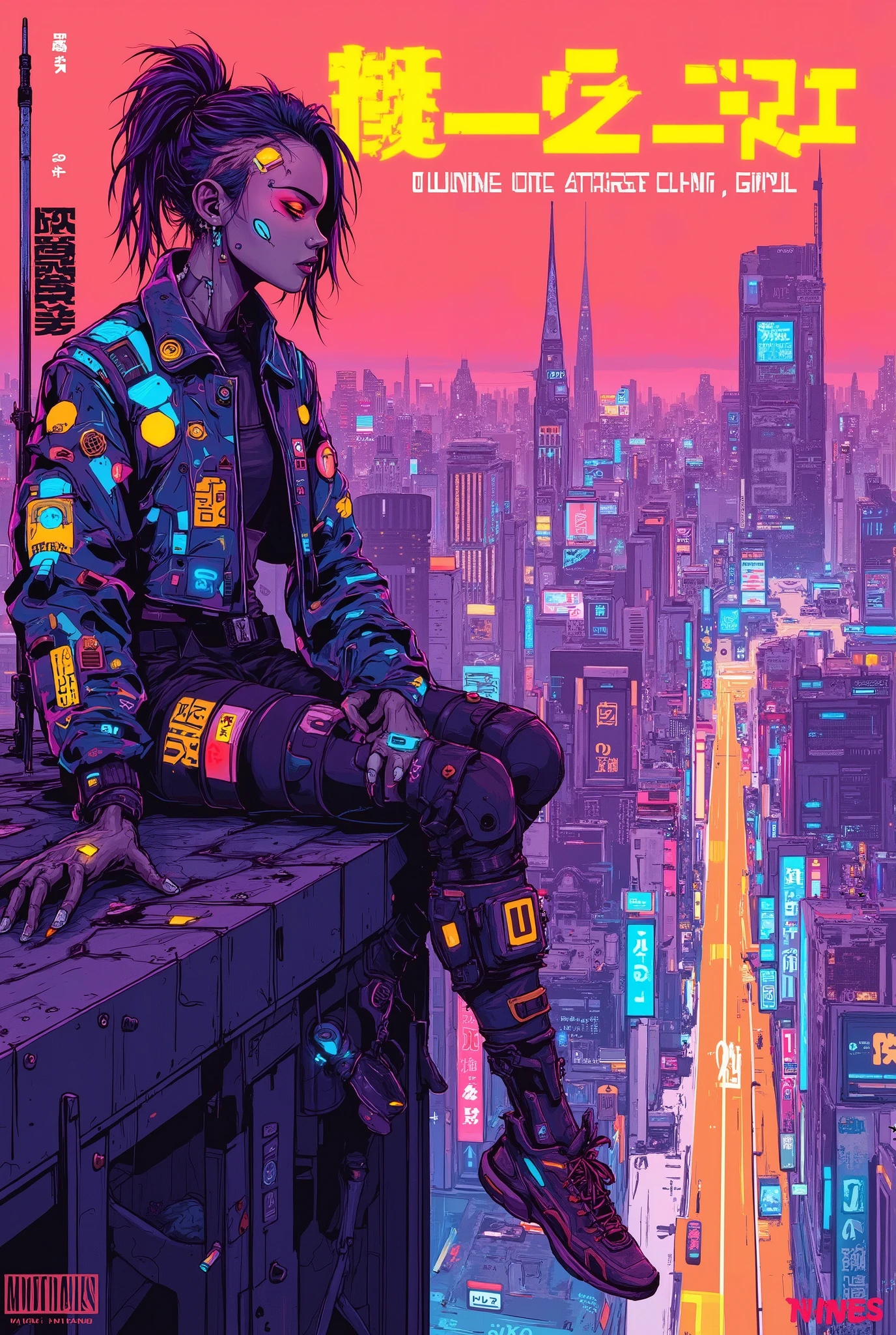 ((manga magazine cover shot) of (perfect Asian cyberpunk girl sitting on edge of building looking out at cyberpunk city below))), ((Japanese text banner headline)), ((dynamic pose)), ((LED lights)), (((extremely weird punk hairstyle))), ((manga drawing)), warm colours, ((cinematic lighting)), barcode.
