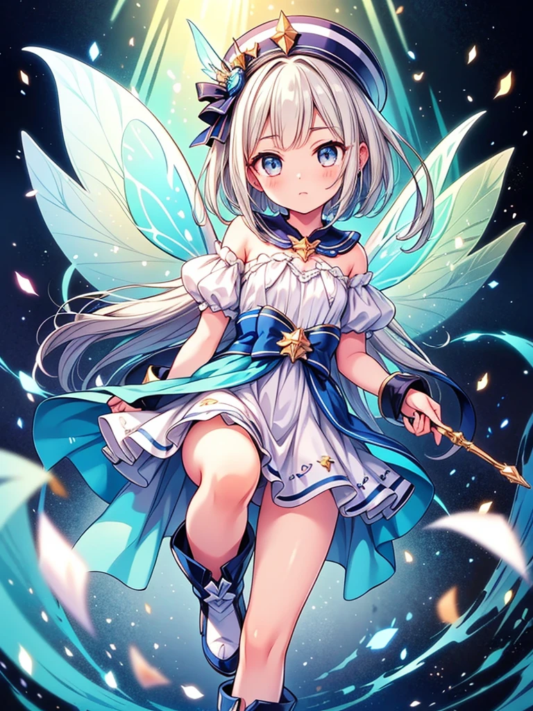 Rin's hair was shorter and she had only four bangs. She didn't have a Fairilu Tiara yet, and had one single blue star on the right side of her head. Also, the strand of hair that is between her hair and ears were shorter. Her highlight was at the end of her eye. She didn't wear her earrings, and she still wore a light blue tube top. She wore a short light blue skirt, had no shoes, and her wings were small light blue wings.