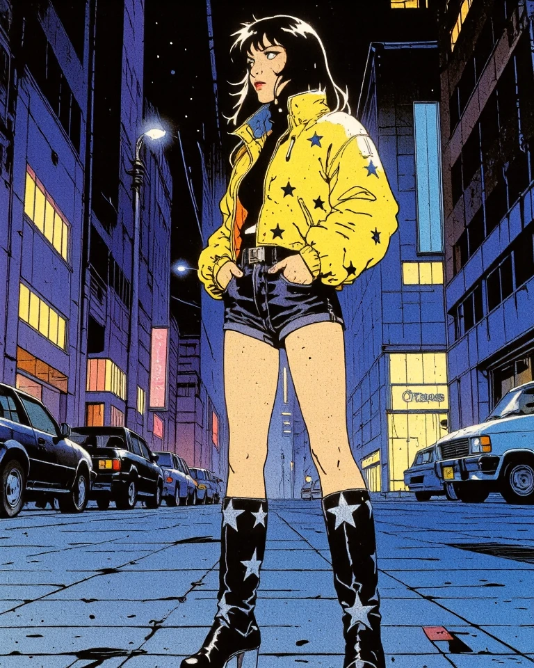 Dutch Angle. A woman with curly hair, leather jacket and mini skirt playing guitar in a bar. Background is a fat man drinking beer. Style by Masamune Shirow