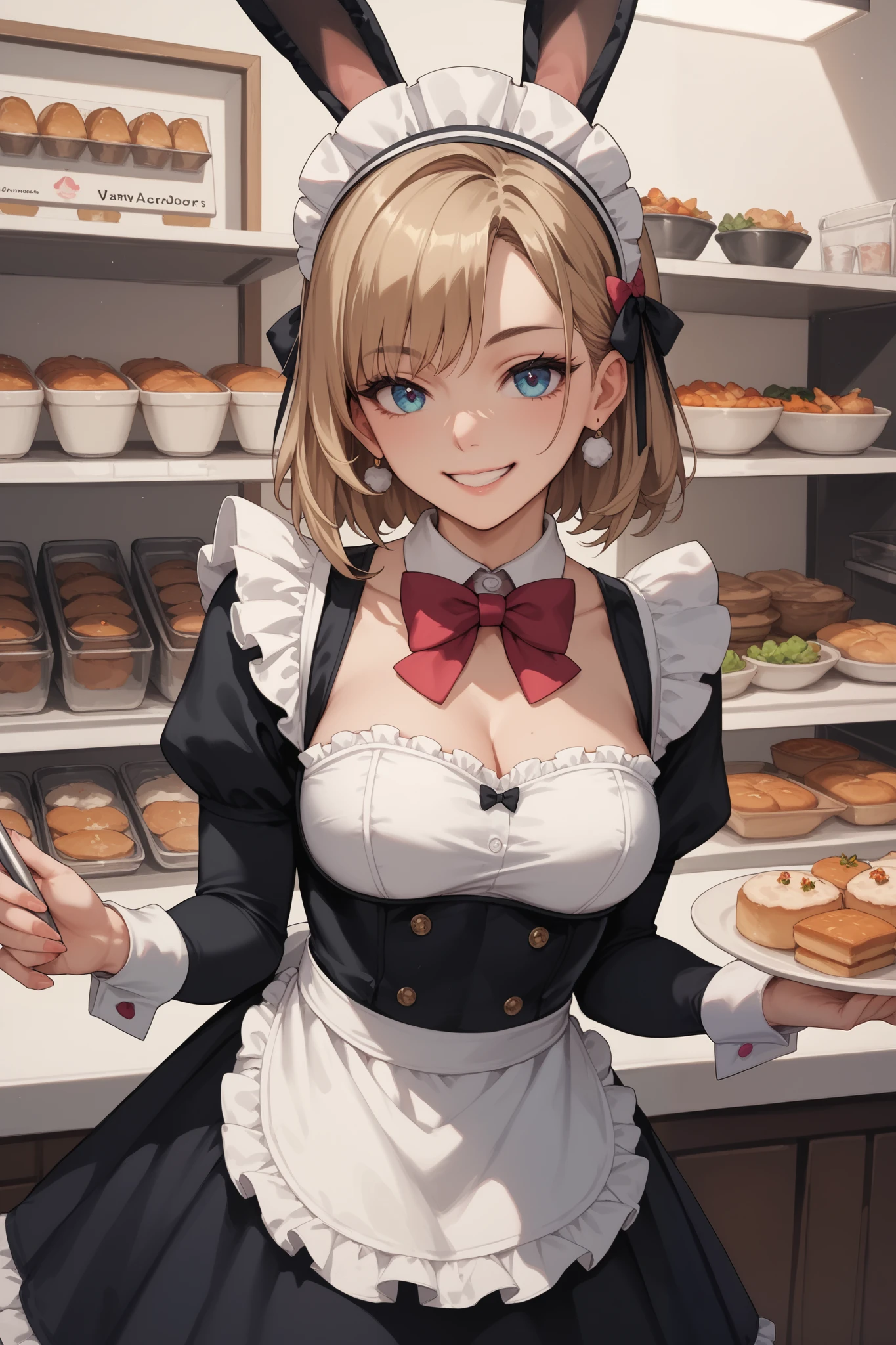 {{{{{masutepiece,Best Quality,ultra-detailliert}}}}},1womanl,Beautiful ponytail hairstyle,cute green eyes,Cute face,(Gingham Check Suspender Apron:1.3), (Solid blue high-waisted skirt:1.3), (Apron over skirt:1.2), (White blouse:1.3), (double-breasted,Underbust:1.2), Short sleeves, buttonGap, (Solid blue bow tie:1.2),Happy laughter,Beautiful shelves lined with bread on bakery shop background,Have a tray on some loaf,
