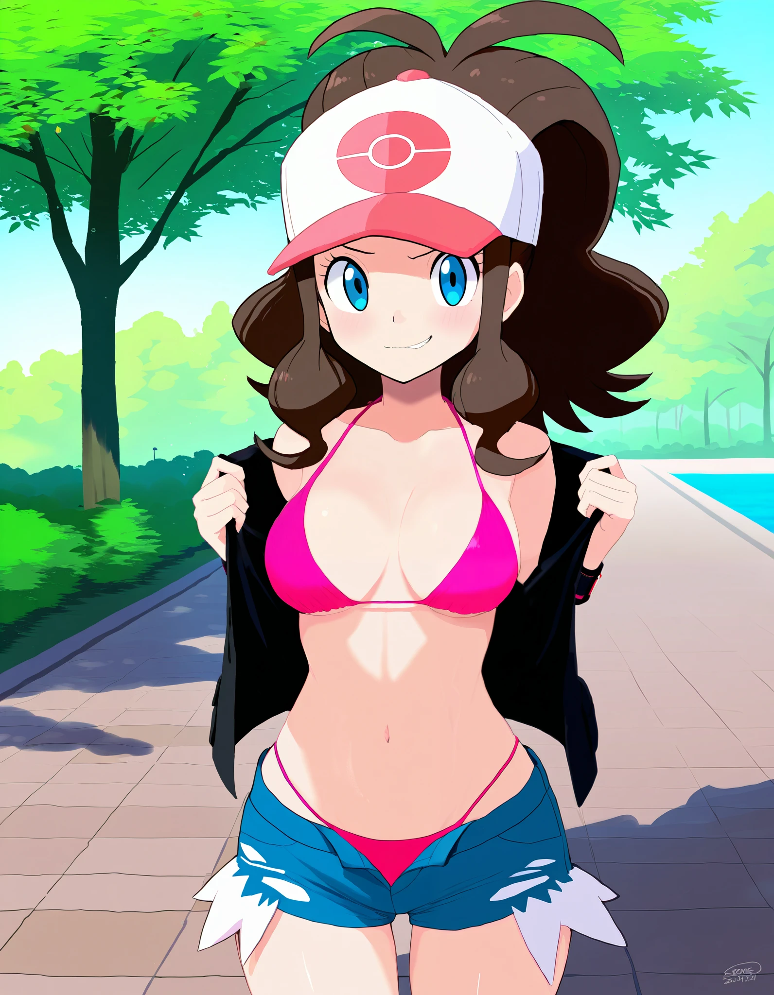 Best quality, Amazing quality, Beautiful, Absurdres, Masterpiece, 4K, Detail,
1 Girl, Female, Human, Hilda from Pokemon, Breasts, Shorts, Smirking, Alone, Pink Bikini, Outside, Standing, Park Background, by canaryprimary