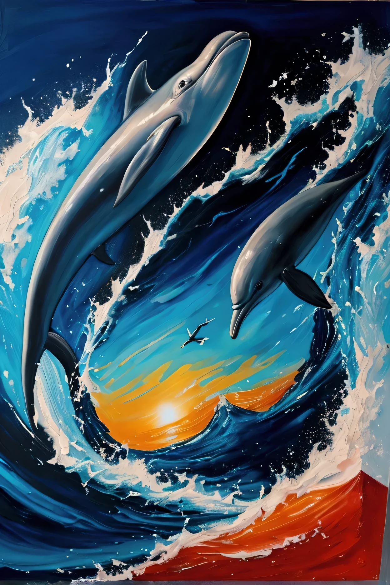 Create a modern abstract oil painting with a boat anchor as the center. L The background should feature abstract elements with very contrasting light and dark colors, perhaps depicting the sea and some dolphins. Use bold colors and brushstrokes to create a unique and visually appealing composition.”