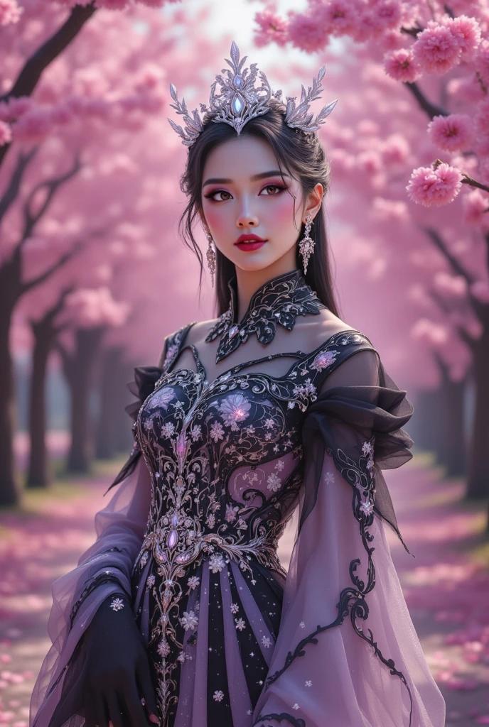 There is a beautiful girl "Bella Hadid", em um vestido de baile, cherry blossom space, Princesa monarquista, paisagem da princesa, princesa de cabelos pretos longos, sorriso gentil, Kushatt Krenz Key Art Mulheres, 3d stylized rendering, 3D rendering of 8k character art, arte digital detalhada bonito, Anime estilo 3D，master part, super detalhado, Epic composition, extremely high quality，Epic digital art of romantic fantasy，Epic fairytale fantasy digital art，Mythological fantasy，