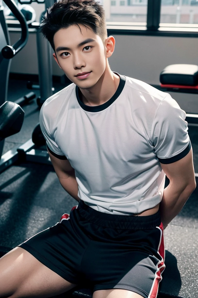 Korean man, Inspiration from Peng Yuyan, 30 years old, 236 years old, Cute Korean Face, 35 yo, 33 year old Korean muscular man，The gym is in the back.