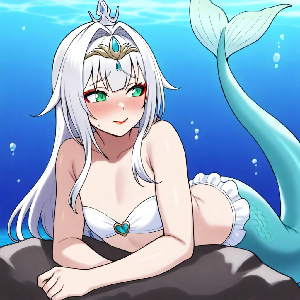 Mermaid, white mermaid tail, mermaid tail below waistline, cosrset, bra, masterpiece, best quality,mature female, milf,looking at viewer,alluring, clean, beautiful face, shiny skin, skindentation,delicate pattern, intricate detail,
1girl,ElisabethII_white,smile, upper body,hair ornament, bare shoulders, 
