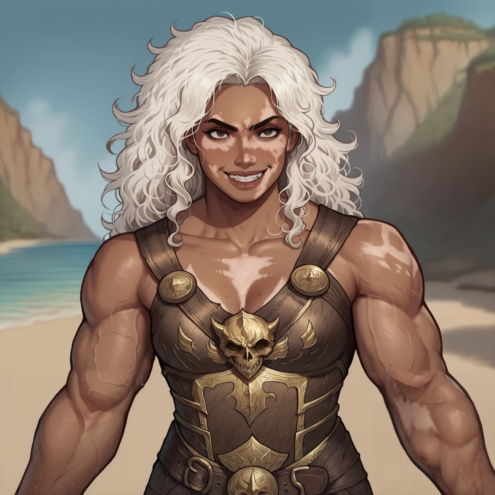 (((beautiful, high quality, comics style, detailed face))), score_9, score_8_up, score_7_up, BREAK, solo:1.6, human, 34yo woman, ((vitiligo skin, skin discoloration, body mark)) woman, brown eye, (((wide body, swoll, muscular, muscle))), (square face, high cheekbones, strong jaw line, thick lips), (flat nose, dark skin, dark-skinned), white hair, messy wavy hair, ((grim smile, teeth)), wears a brown leather armor, (fighting stance, motion lines), looking to the viewer, outdoor, fantasy, beach background, blurred background, DeepNegative_xl_v1, detailxl, zPDXL3