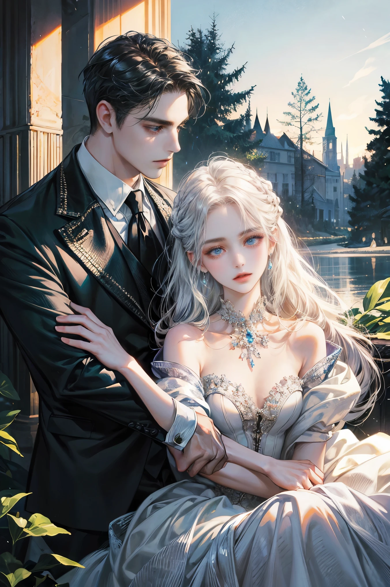 A couple , black haired boy with black eyes , in suit , Elegant cold beauty , act appreciative girl , white hair blue eyes girl , wearing a white dress, light but beautiful hairstyle, background is a villa ,dark background,with tree , with a few leaves .