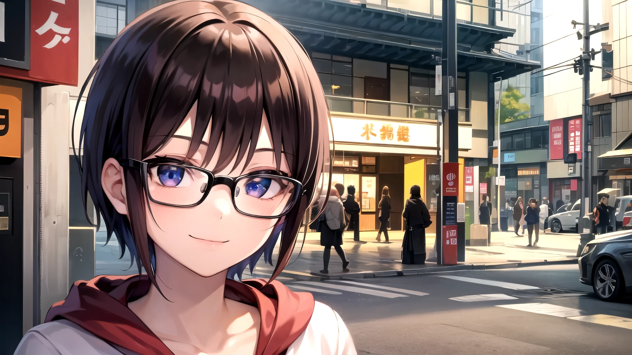 Top Quality , 16k, high definition surrounded by chicks, 1girl , showing upper body , short black hair ,( beautiful detailed face), brown eyes with highlights, smile,20generation, Precise and beautiful streets of Japan, Moderate bust, hoodie, Glasses