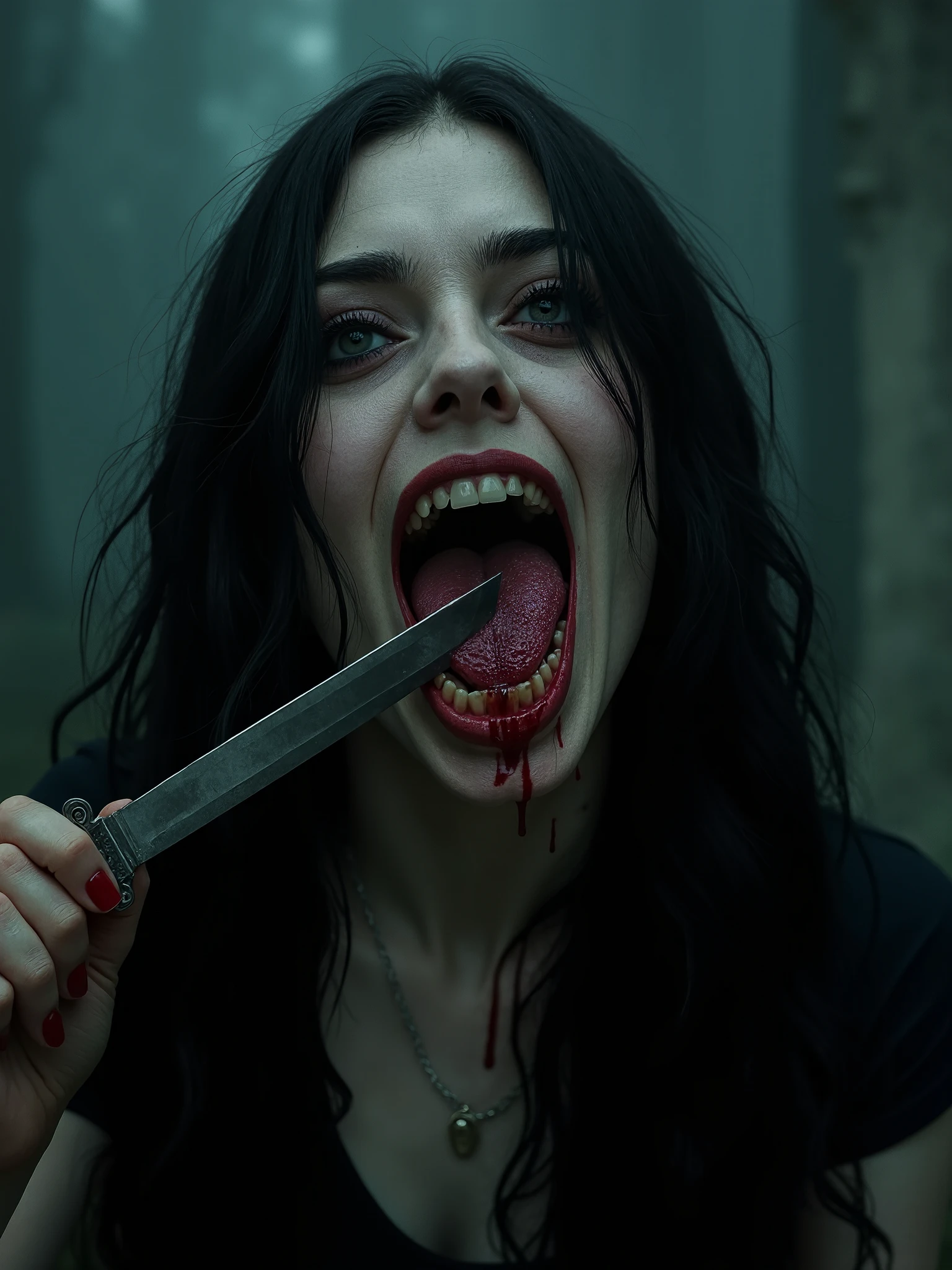 Dark surreal photography,woman with long black hair,big sharpened teeth,opened mouth, cutting the tongue with a sword, realistic photography, Dark art
