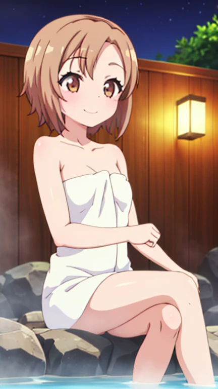 masterpiece, best quality,
1girl, solo, brown hair, short hair, two side up, brown eyes, flat chest, smile,
white towel on the body,
looking at viewer,nude legs,
sitting in the onsen with your feet in the water,