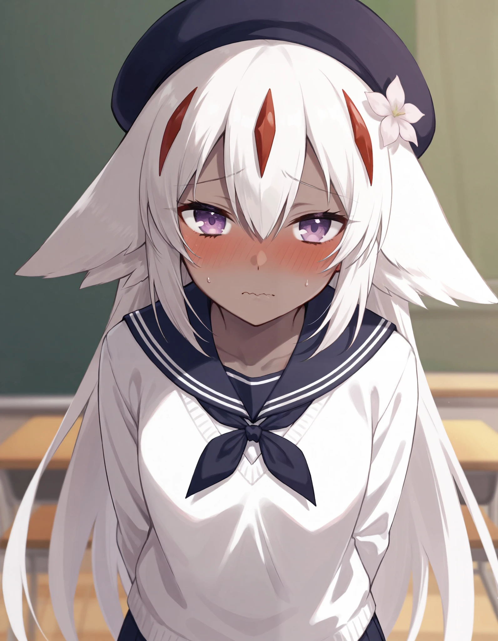 Faputa, Dark skin, White fur, looking at viewer, masterpiece, absurdres, high quality, highres, school uniform, beret, upper body, classroom, shy, looking down, wavy mouth, hair flower, arms behind back, standing, solo