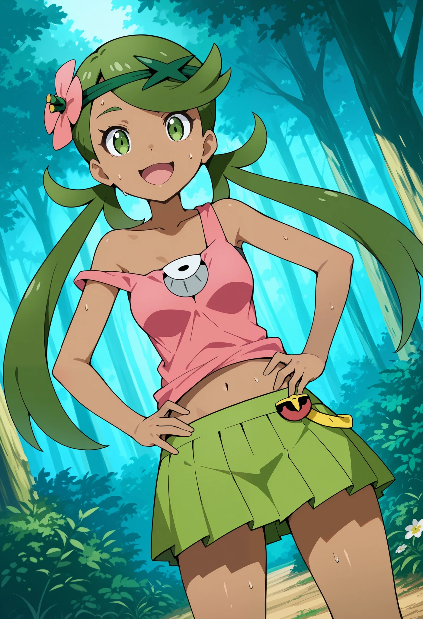 score_9, score_8_up, score_7_up, source_anime, mallow, 1girl, solo, long hair, bangs, hair ornament, twintails, green eye, flower, green hair, hair flower, dark skin, dark-skinned female, swept bangs, mallow (pokemon), wicked smile, open mouth, , looking at viewer, collarbone, sleeveless, pink shirts, thin shirts, loose shirts, strap slip, navel , yellow pleats skirt, thighs, outdoor, forest, standing, hands on own hips, sweat. Dutch angle.