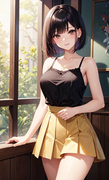 (Highest quality, High resolution, Masterpiece, 4K), (Soft light、Luster of hair、Beautiful eyes)、young woman、The whole body is visible、A begging smile ((Wavy medium short hair, bangs, Chestnut Hair)), ((Wistful eyes、Gray Eyes, Perfect Eyes)), ((Detailed face, blush:1.1)), ((Smooth texture:0.75, Realistic texture:0.65, Realistic:1.1, Anime CG Style)),Medium chest、Glamorous Body、(Sexy thighs、I see beautiful legs)、Purple off-the-shoulder sweater、Pleated skirt、Cute Necklace、Earrings、Angle from the front、Peeking into this、Pants in skirt visible、Angle from below