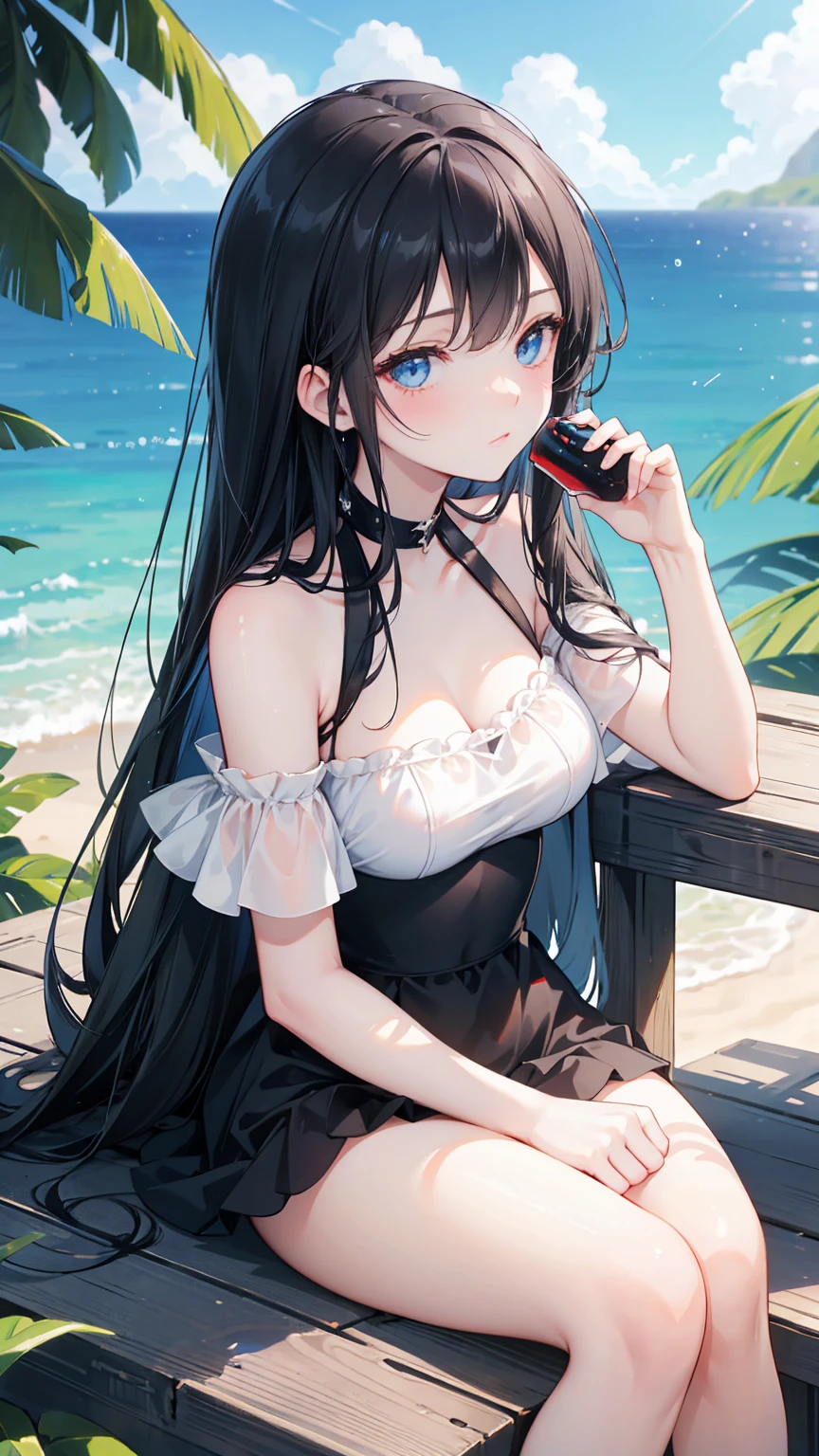(1girl:1.3), Masterpiece, Best quality, amazing beauty, [[3D]], 4K, absurdres, finely detail, super detailed eye, perfect anatomy, official art, cinematic lighting, BREAK, Bus Stop, ocean/beach/sea, silky half up hair, blunt bangs, curi inside hair, black hair, super shiny detailed brown eyes, tsurime, sparkle(in the eyes), facing this way, plump lips, Looks like fun, BREAK , usually, slim, fair skin, sweaty skin, legs spread, dutch angle, Backlighting, BREAK , usually, slim, fair skin, sweaty skin, legs spread, dutch angle, Backlighting, BREAK , BREAK (white theme:1.5), ((cute fashion, girly style):1.2), (cute white dress with lots of ribbon decorations:1.3), (all white one-piece dress:1.3), (fusion of white blouse with ruffled stand collar and tiered skirt with ruffles:1.4), ((cold shoulder, exposed shoulder skin):1.3), (long billowy sleeve with ribbon cuffs:1.3), (white ruffled short socks:1.3),
BREAK (black ribbon bow:1.3), (lots of ribbon decorations on skirt:1.3), (black big ribbon on waist:1.3), (many bribbons on sleeves:1.3), (many ribbon decorations on dress:1.3), (black pumps with heels:1.2),