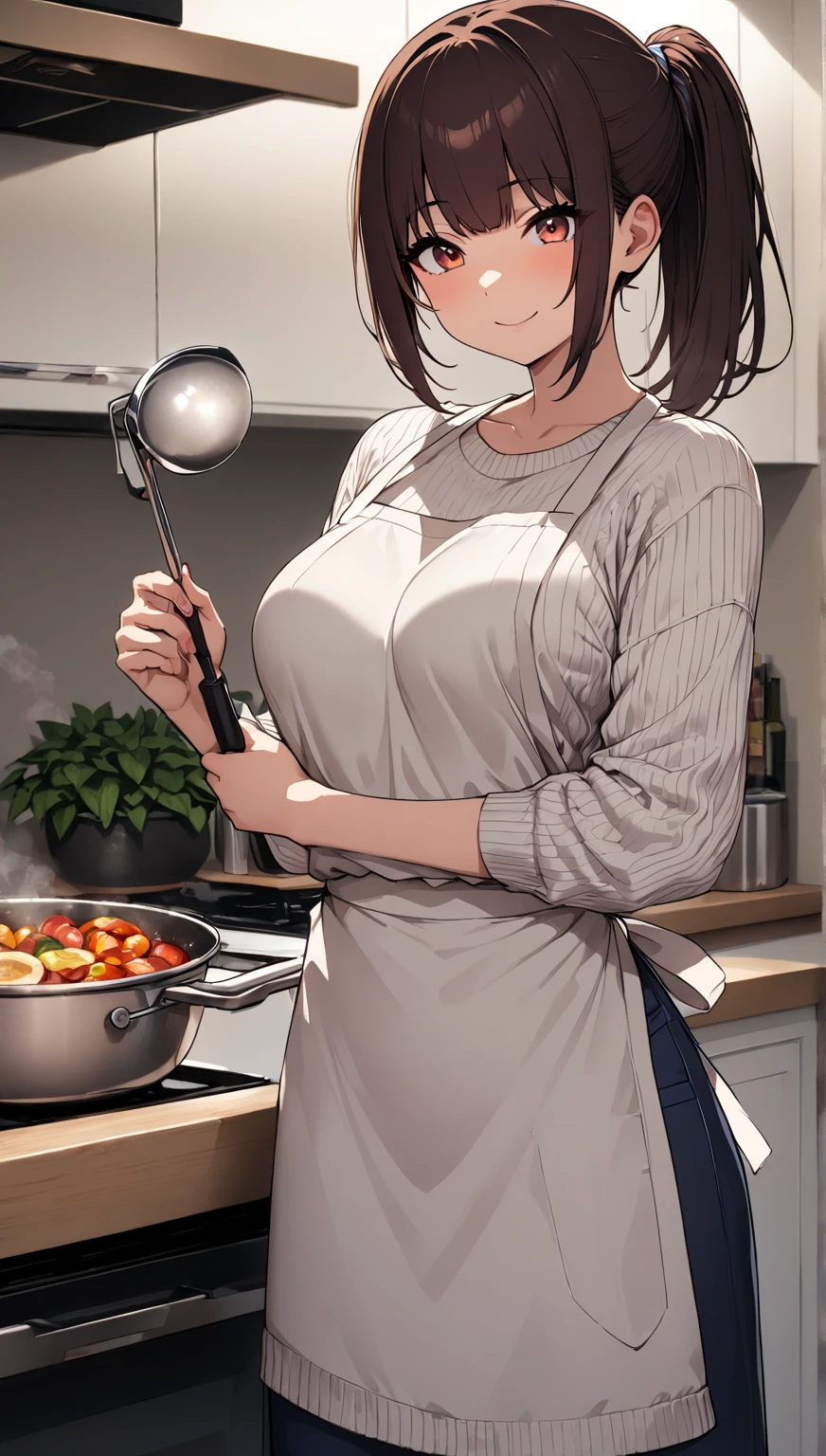 (best quality:1.5, highres, UHD, 4K, detailed lighting, shaders, HDR), brown long straight hair, forehead, adult woman, 30 years old, slit eyes, large breasts, smiling, naked, apron, standing, pov, close shot, kitchen background