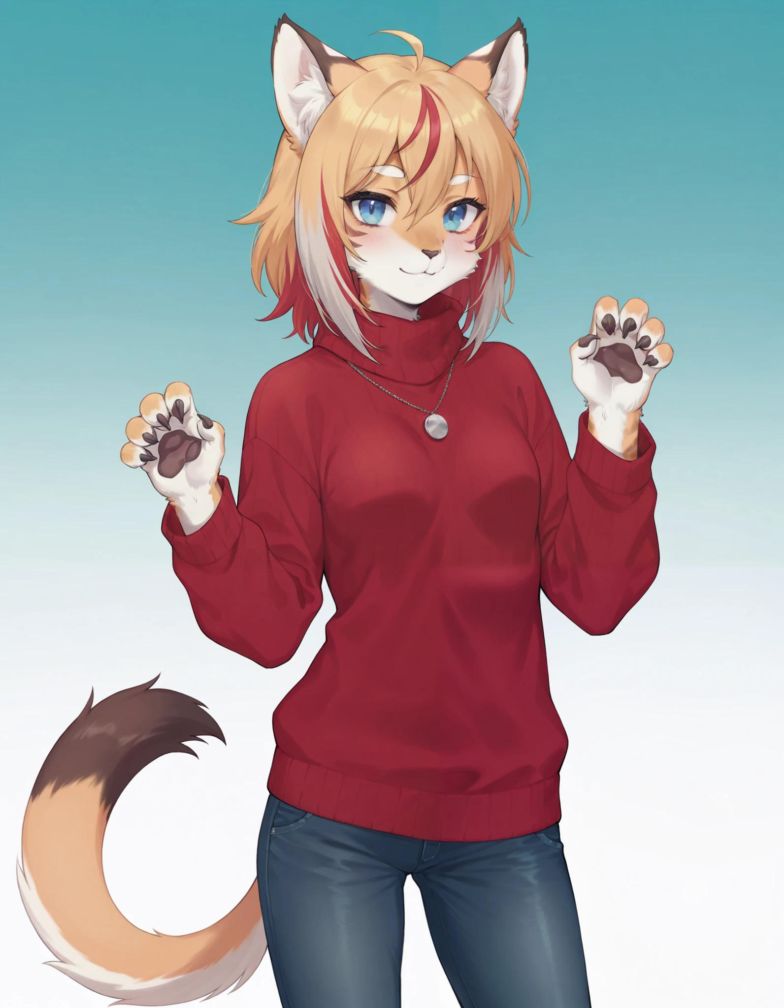 anime, 1girl, solo, digital_media_(artwork) hi_res,, beautiful, anthro, furry, female, furry female, detailed textured fur, fur tufts, lynx, slim, slender, small breasts, cute, sweater, denim jeans, multicolor hair, streaked hair, red blue blonde silver hair, blonde fur, beautiful blue eyes, smile,