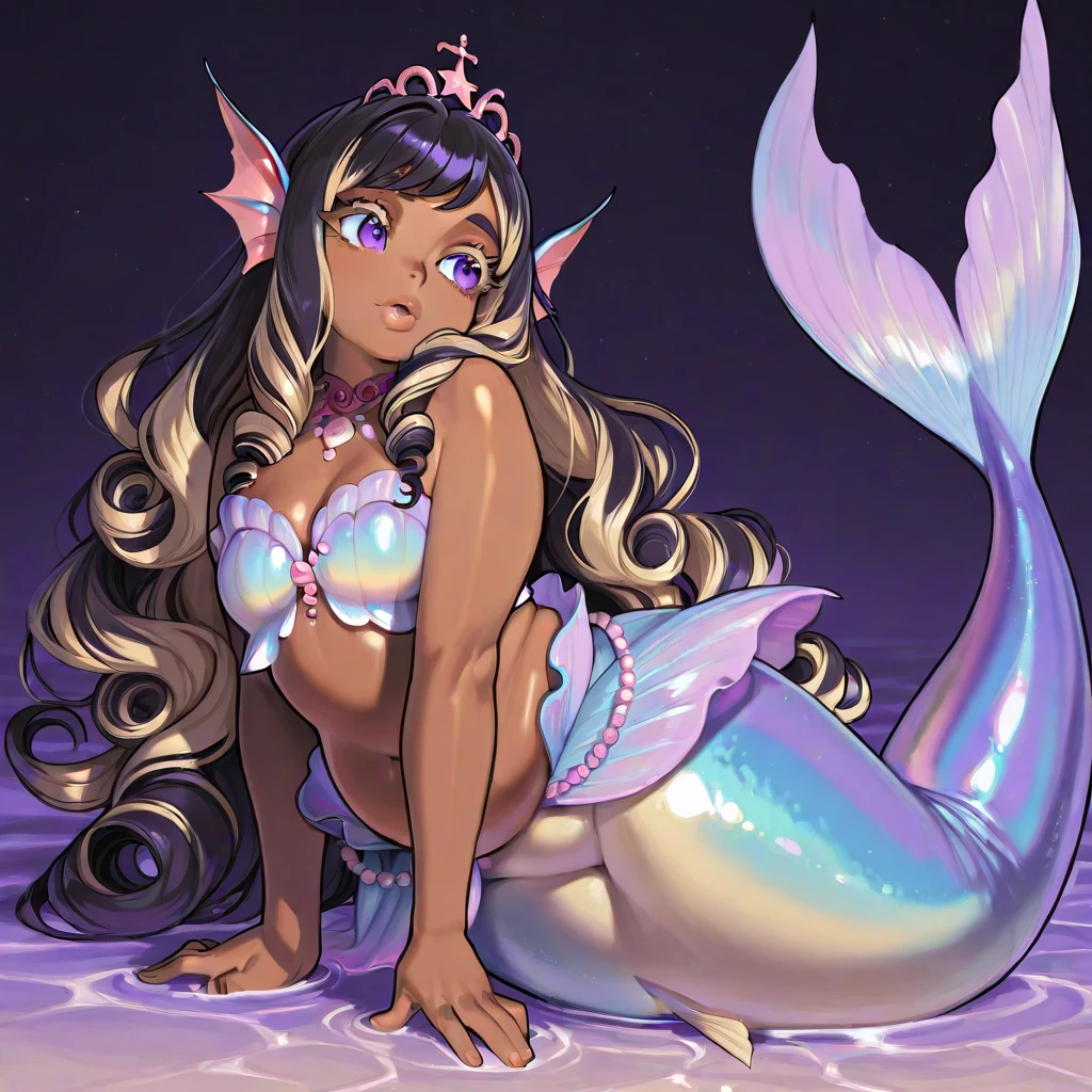 Pretty anthropomorphic mouse girl magically transformed into a beautiful mermaid, race swap, sharp teeth, is smiling, drawn in anime style, steampunk, fishlike, very long curly white hair, red eyes, white fur, slim body, whiskers, mouse ears, long mermaid tail below waistline, shimmering cyan fish scales, pelvic and dorsal fins, a pair of fish gills on her torso, seashell bra, pearl earrings and bracelets, pearl necklace, swimming underwater, ocean depths, Highly detailed, masterpiece, high quality, 4K.