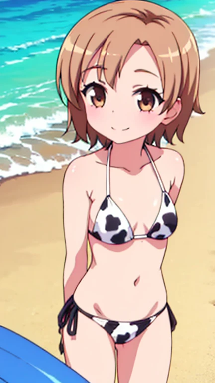 beach,1girl, kinomoto sakura, solo,white micro bikini, green eyes, pussy, brown hair, , short hair, navel,flat chest,blush,get wet,antenna hair,closed mouth,looking at viewer,smile,squatting, spread legs