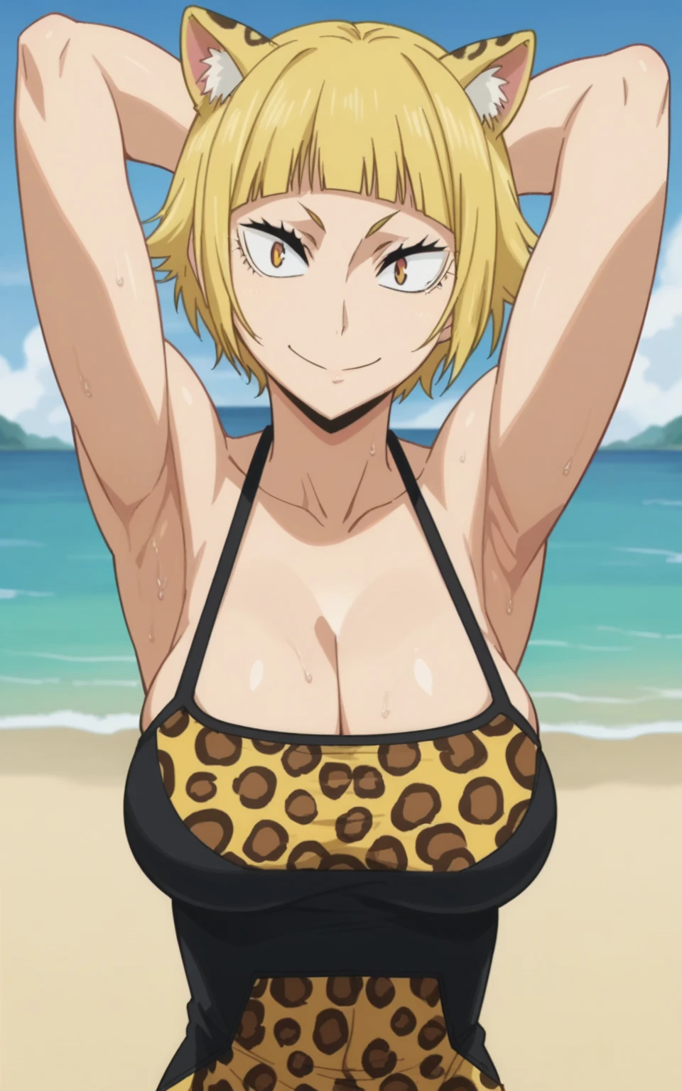 masterpiece, best quality, saeko tanaka, looking at viewer, yellow hair, yellow eyes color, large breasts, upper body, portrait, seductive smile,both hands raised, armpits, armpits visible, sweaty armpits, wearing sexy bikini, tiger print, background on beach
