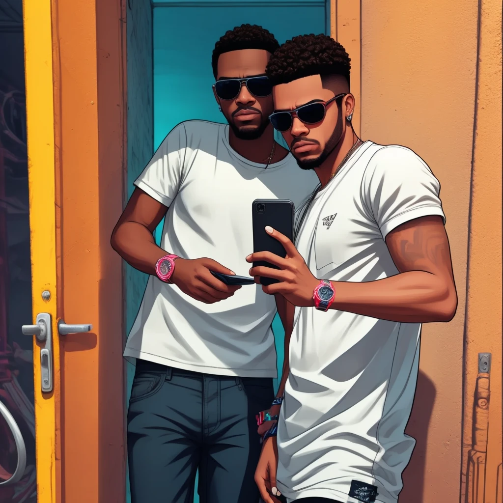 There are two men who are looking at a cell phone, suave em _ O pano de fundo, editing, imagem de qualidade muito baixa, arte digital.  ((Saturado)), feito com photoshop, video still, photo shoot, aesthetic shot, tela dividida, teddy fresh, still from a music video, carton ultra realista (Mais alta qualidade, obra-prima: 1.2), ultra high-resolution, realista, frontlighting, detalhe intrincado, detalhes requintados e textura destaque do rosto, parte superior do corpo, rosto detalhado