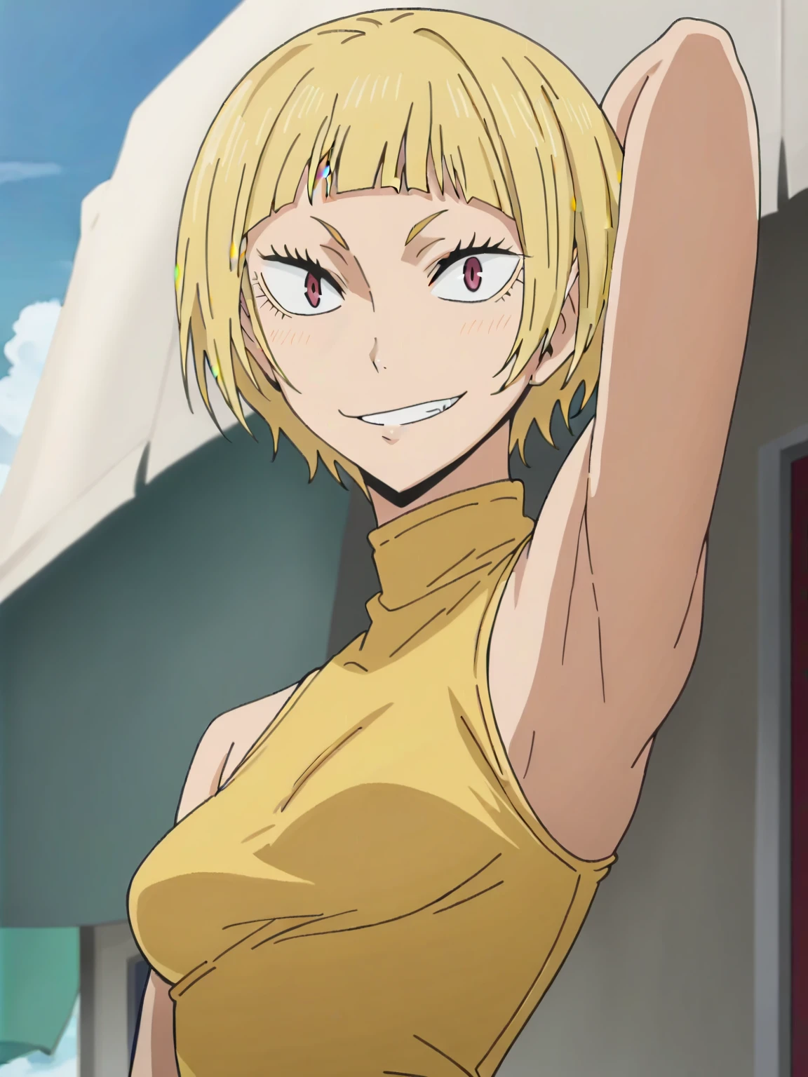 masterpiece, best quality, intricate details, looking at viewer, depth of field, 1girl, ruby eyes, honey blonde hair, cropped pixie, hair flower,, solo, close-up, classroom, dusk, hand on hip, tearing up, <lora:boku_no_hero_academia_style_ilxl:1.2>, boku_no_hero_academia_style,