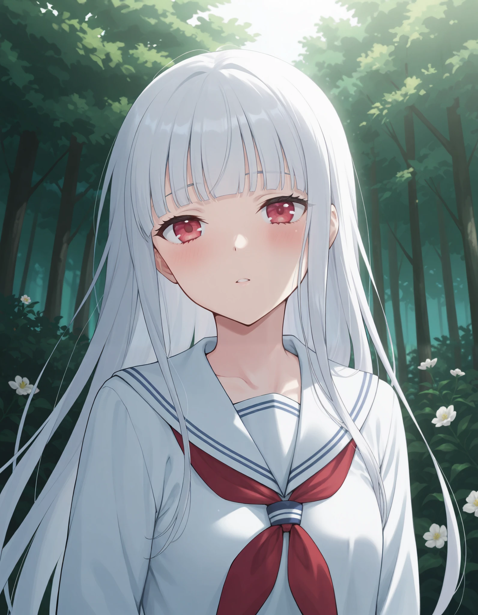anime, anime_coloring, anime_screencap, rating_sfw, newest, masterpiece, amazing quality, best quality, detailed, absurdres, illustration, game_cg, intricate, an extremely delicate and beautiful, 1 girl, cute, perfect anatomy, red eyes, pettier, white hair, long hair, blunt bangs, white sailor collar, close-up, upper body, forest, flower, standing,