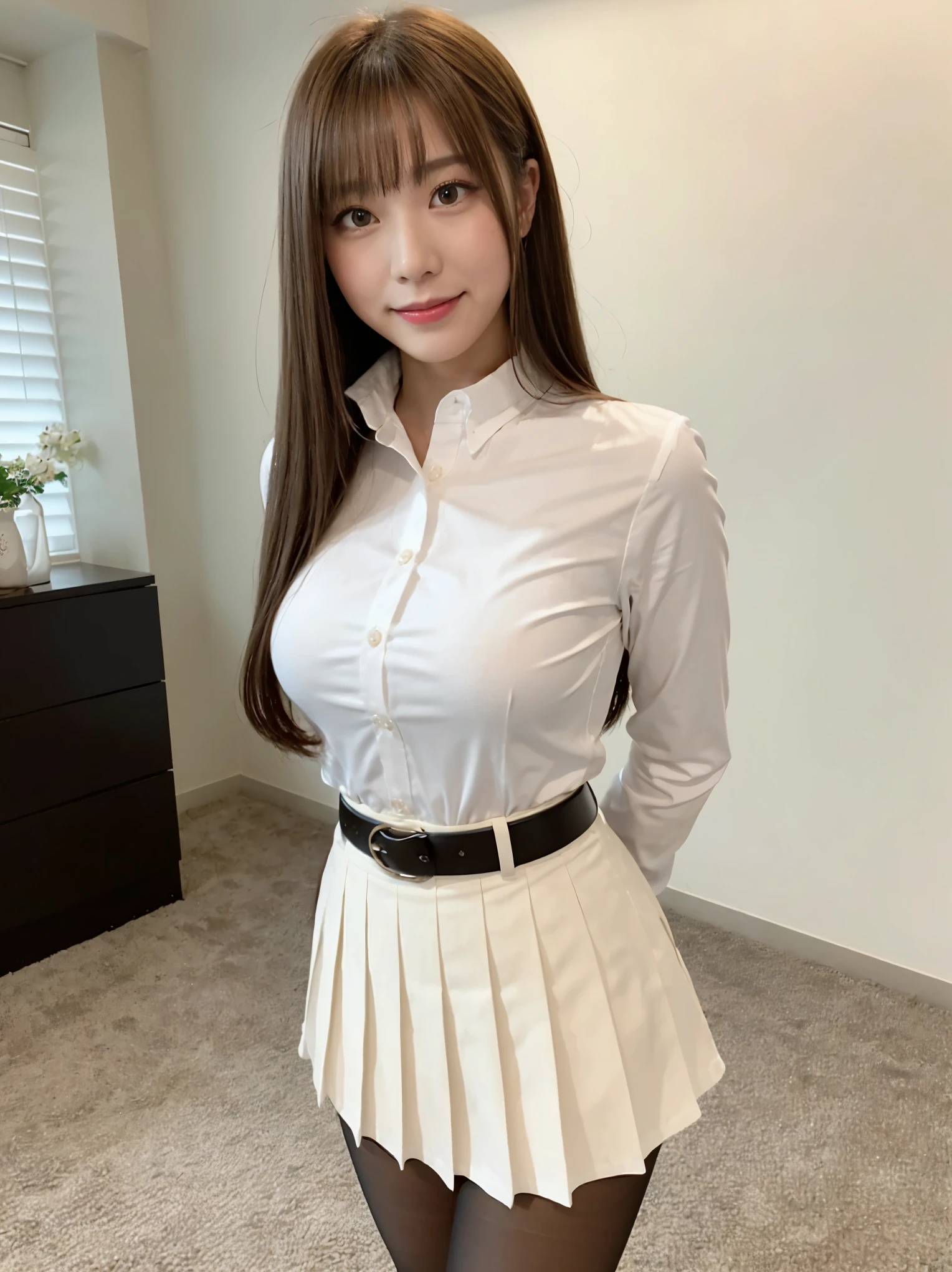 Smile、night、original photography、(((ultimate beauty portrait)))、((sparkling skin))、1 girl、Beautiful 15 year old girl from Prague、bright expression、((brown hair))、(cleavage)、(frilly skirt:1.5)、((Big eyes sparkling like gems))、cardigan、Harajuku,collared shirt、mini skirt,thin and transparent,pantyhose、Glowing and radiant skin、(medium hair)、(silk ponytail)、(standing)、(from below)、under skirt、(White background wall:1.5)、Eyeliner、beautiful bangs、hair between eyes、((masterpiece、top quality、Super detailed、movie light、intricate details、high resolution、Very detailed))、background for this、8 kood、digital SLR、soft light、high quality、film grain、富士XT3 、shallow view deep、natural soft light、Kamimei、See the knees, upright ,(whole body :1.5),(Above the legs:1.5), from below