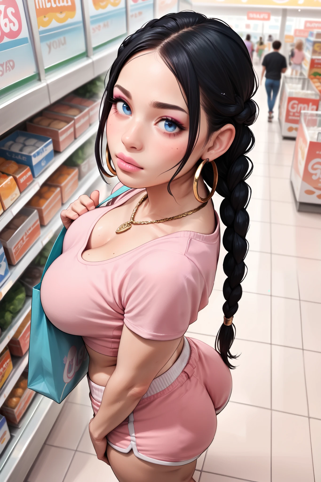 ( Very pretty woman, with a sculptural body,  big breasts, and huge buttocks , Blue eyes with long braided black hair),  ( the woman is wearing pink lipstick on her lips , with makeup on your face), ( the woman is wearing light pink shorts and a pink top), ( the best is wearing a gold necklace ,  and gold hoop earrings ), 
 (The woman is at a shopping mall ). ( front image focusing on the body,  but also focusing on the face ). ( ultra quality 16k ). ( realistic photo ).  Upper Angle  (Bird’s Eye View)